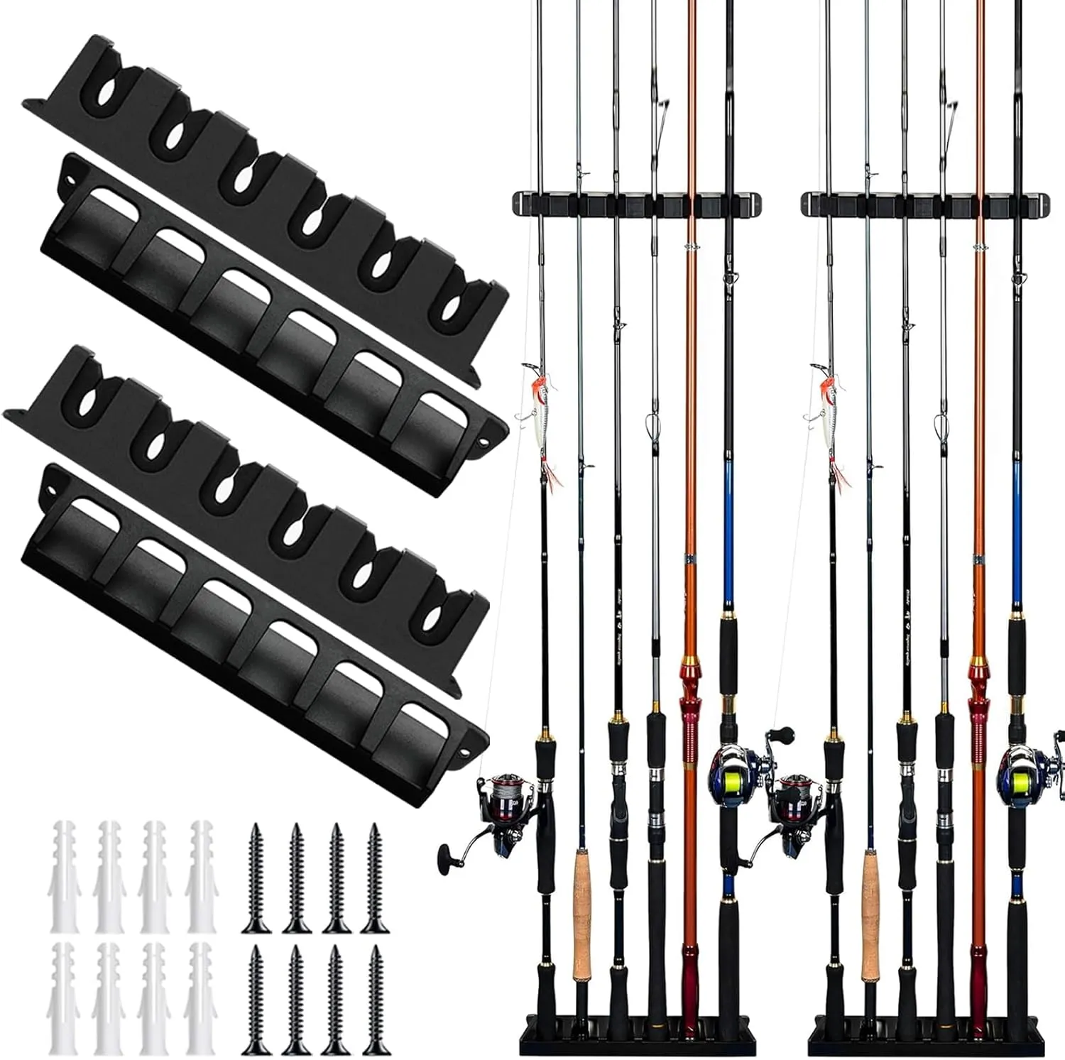 Fishing Rod Holders Wall-Mounted 2 Pairs, Simple Deluxe Fishing Pole Holder & Rack Store up to 12 Rods or Combos for Garage & Boat (Vertical, Black)