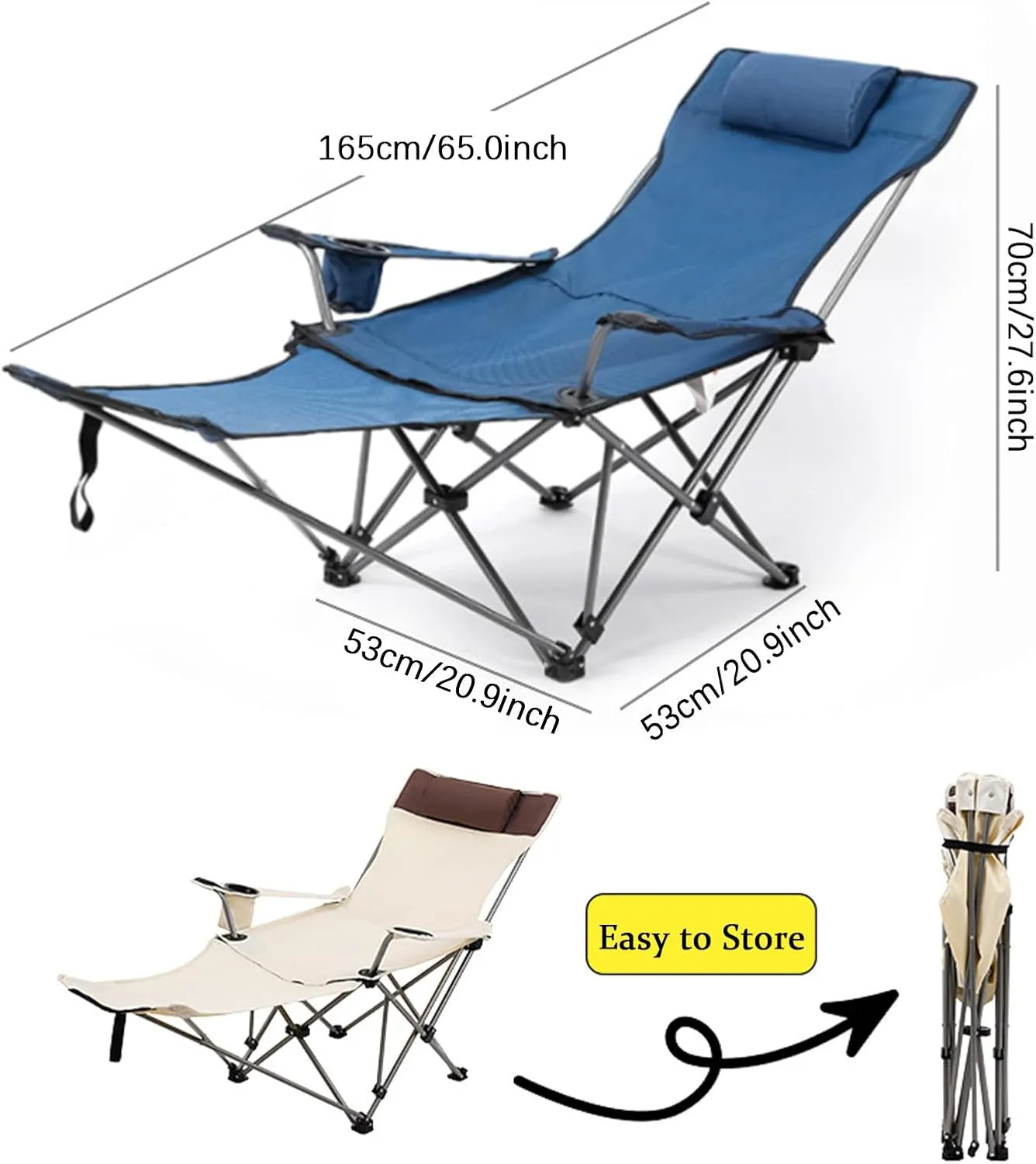 Folding Camping Chair, 2 in 1 Portable Reclining Camp Chair with Detachable Footrest, Cup Holders & Side Pocket, Carry Bag, Portable Lounge Chair for Outdoor Hiking Fishing,Orange B (Blue a One Size)