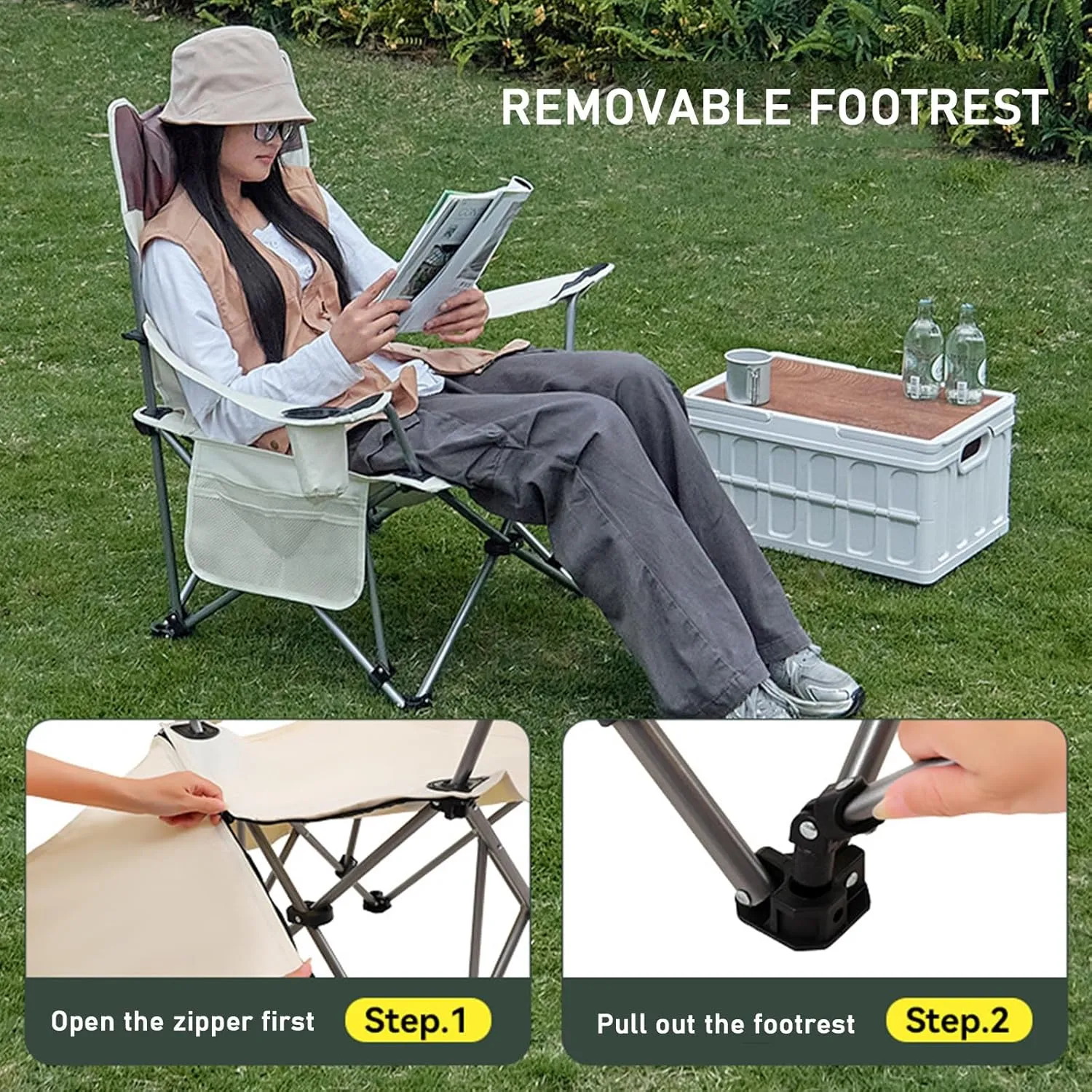 Folding Camping Chair, 2 in 1 Portable Reclining Camp Chair with Detachable Footrest, Cup Holders & Side Pocket, Carry Bag, Portable Lounge Chair for Outdoor Hiking Fishing,Orange B (Green One Size)