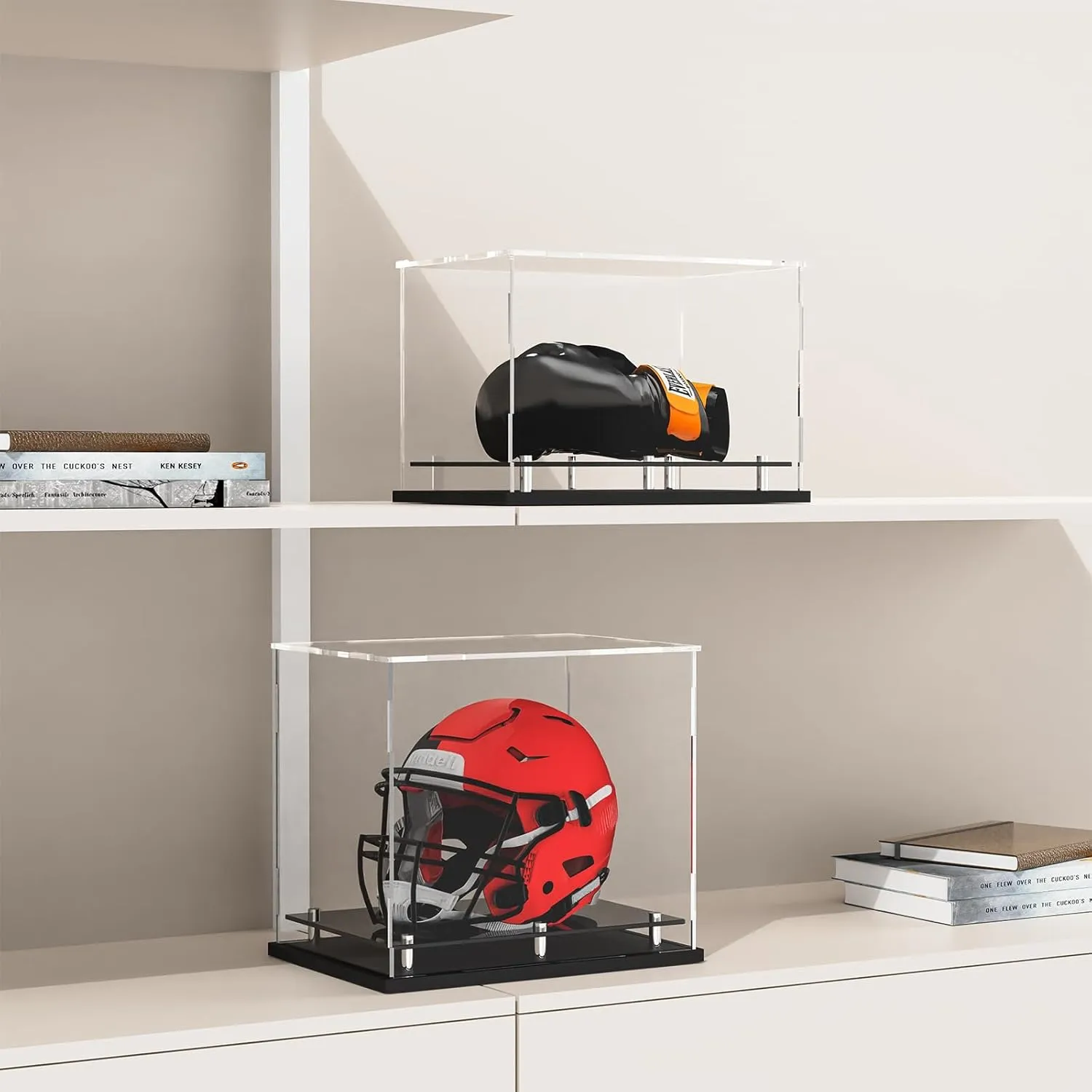 Football Helmet Display Case Full Size,Acrylic Helmet Display Case Black Acrylic Base,Self-Assembly Helmet Display Box Protection Holder Dustproof Sports Collectibles Storage Showcase