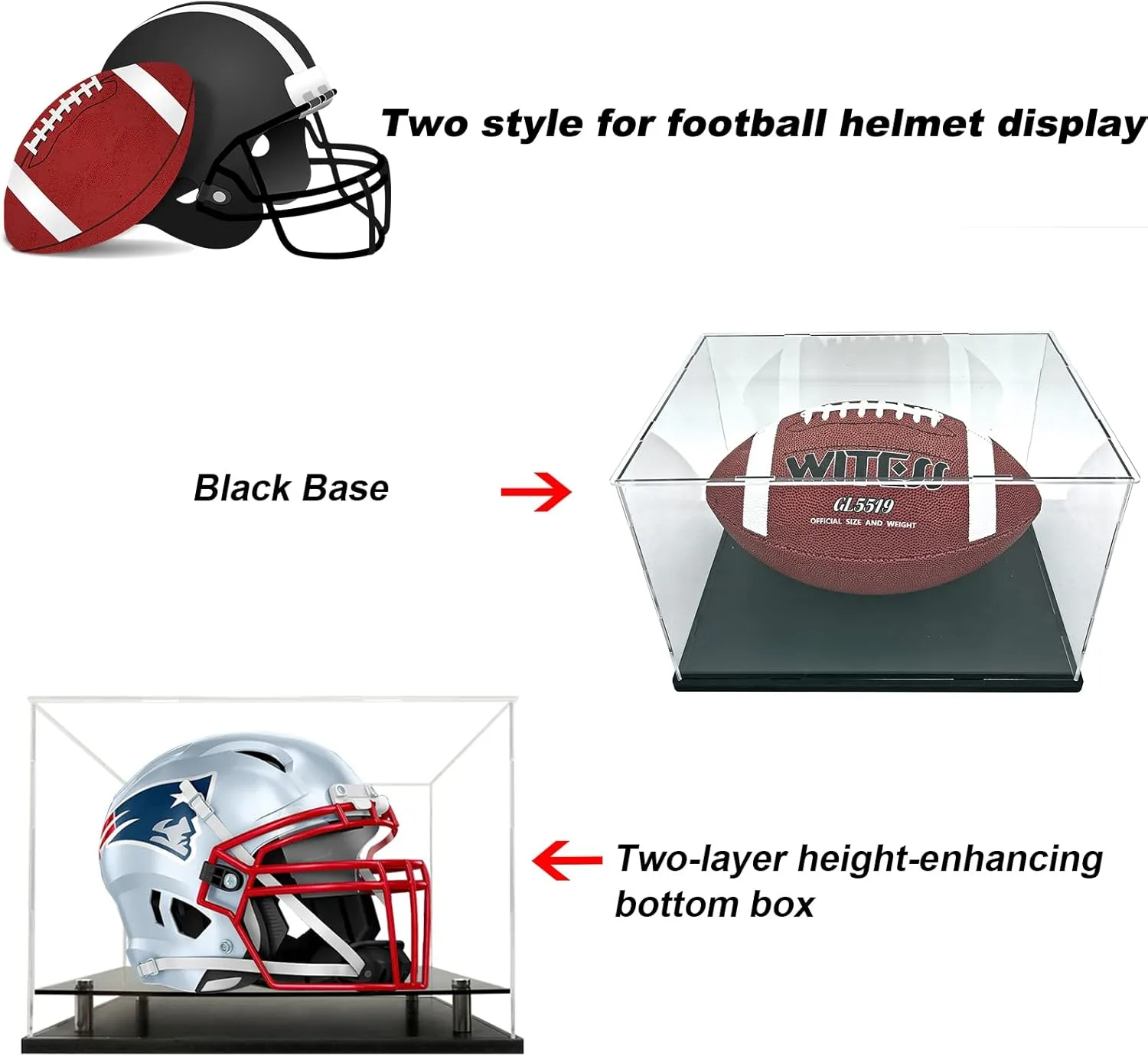 Football Helmet Display Case Full Size,Acrylic Helmet Display Case Black Acrylic Base,Self-Assembly Helmet Display Box Protection Holder Dustproof Sports Collectibles Storage Showcase