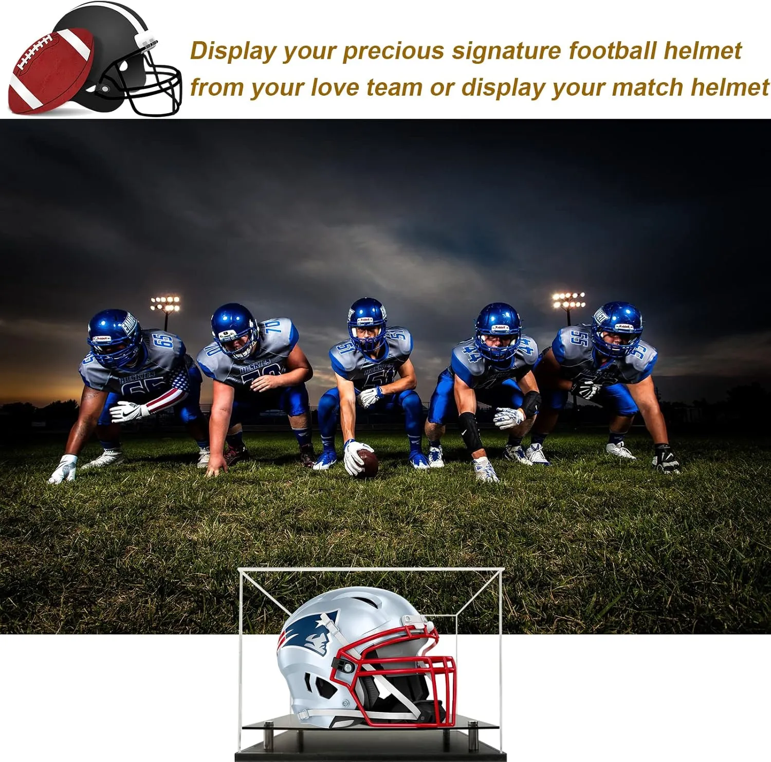 Football Helmet Display Case Full Size,Acrylic Helmet Display Case Black Acrylic Base,Self-Assembly Helmet Display Box Protection Holder Dustproof Sports Collectibles Storage Showcase