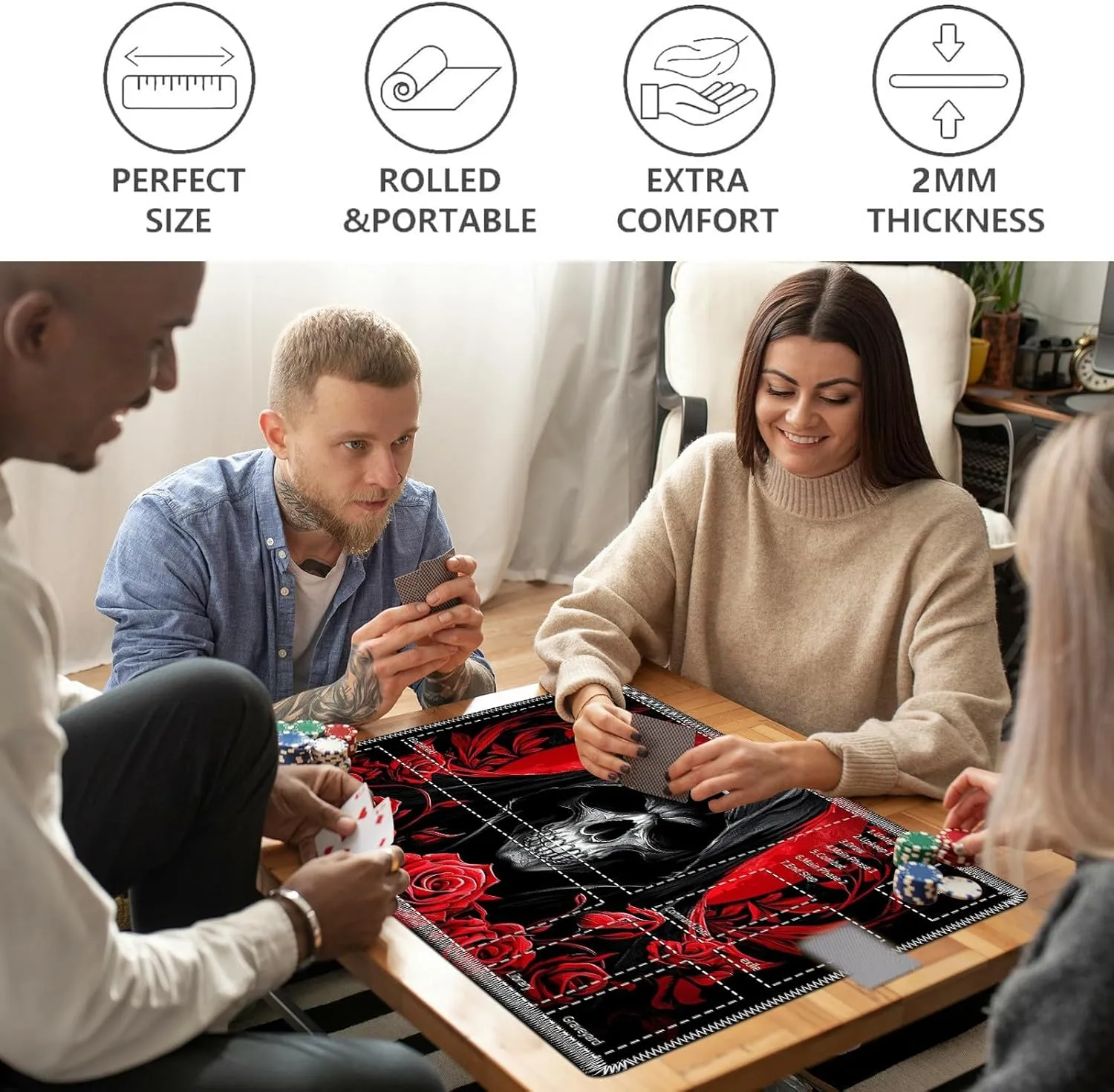 for MTG Cards Playmat with Card Storage Bag,Smooth Surface Non-Slip Rubber Base 24X14in,for Card Game Lovers MTG Play Mat,Skeleton Red Rose