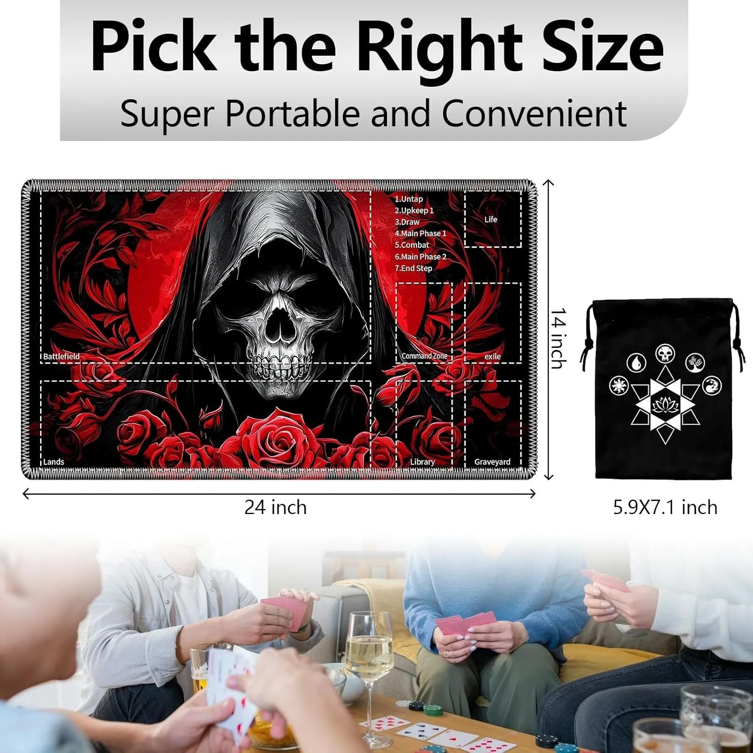 for MTG Cards Playmat with Card Storage Bag,Smooth Surface Non-Slip Rubber Base 24X14in,for Card Game Lovers MTG Play Mat,Skeleton Red Rose