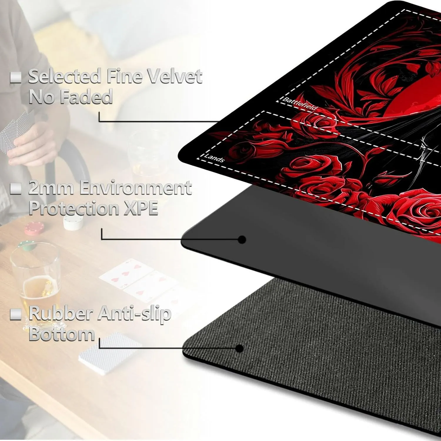 for MTG Cards Playmat with Card Storage Bag,Smooth Surface Non-Slip Rubber Base 24X14in,for Card Game Lovers MTG Play Mat,Skeleton Red Rose