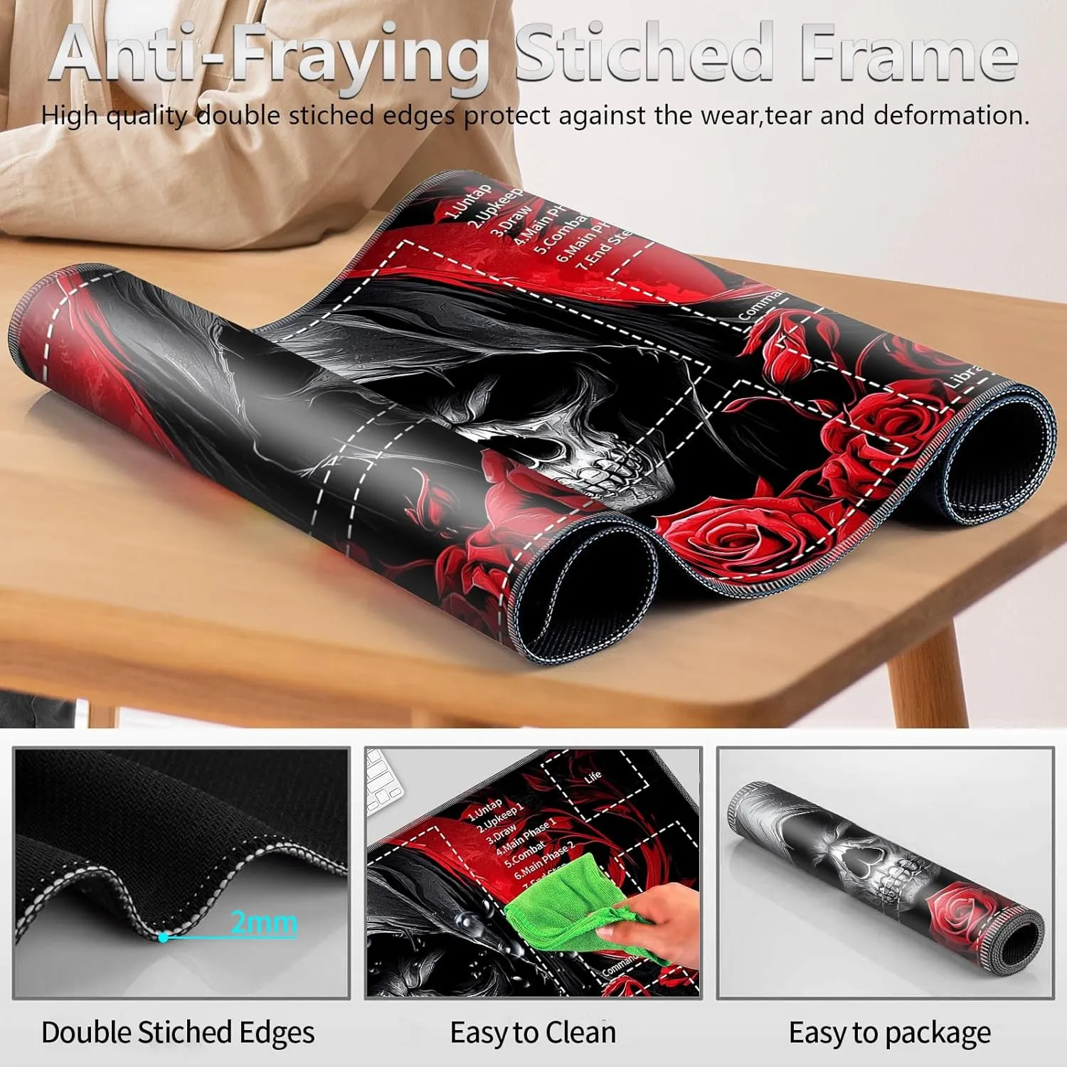 for MTG Cards Playmat with Card Storage Bag,Smooth Surface Non-Slip Rubber Base 24X14in,for Card Game Lovers MTG Play Mat,Skeleton Red Rose