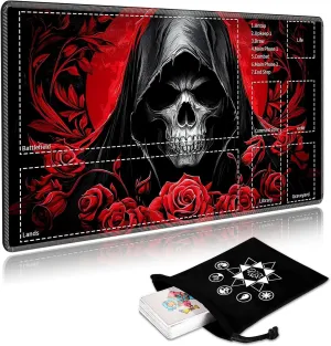 for MTG Cards Playmat with Card Storage Bag,Smooth Surface Non-Slip Rubber Base 24X14in,for Card Game Lovers MTG Play Mat,Skeleton Red Rose
