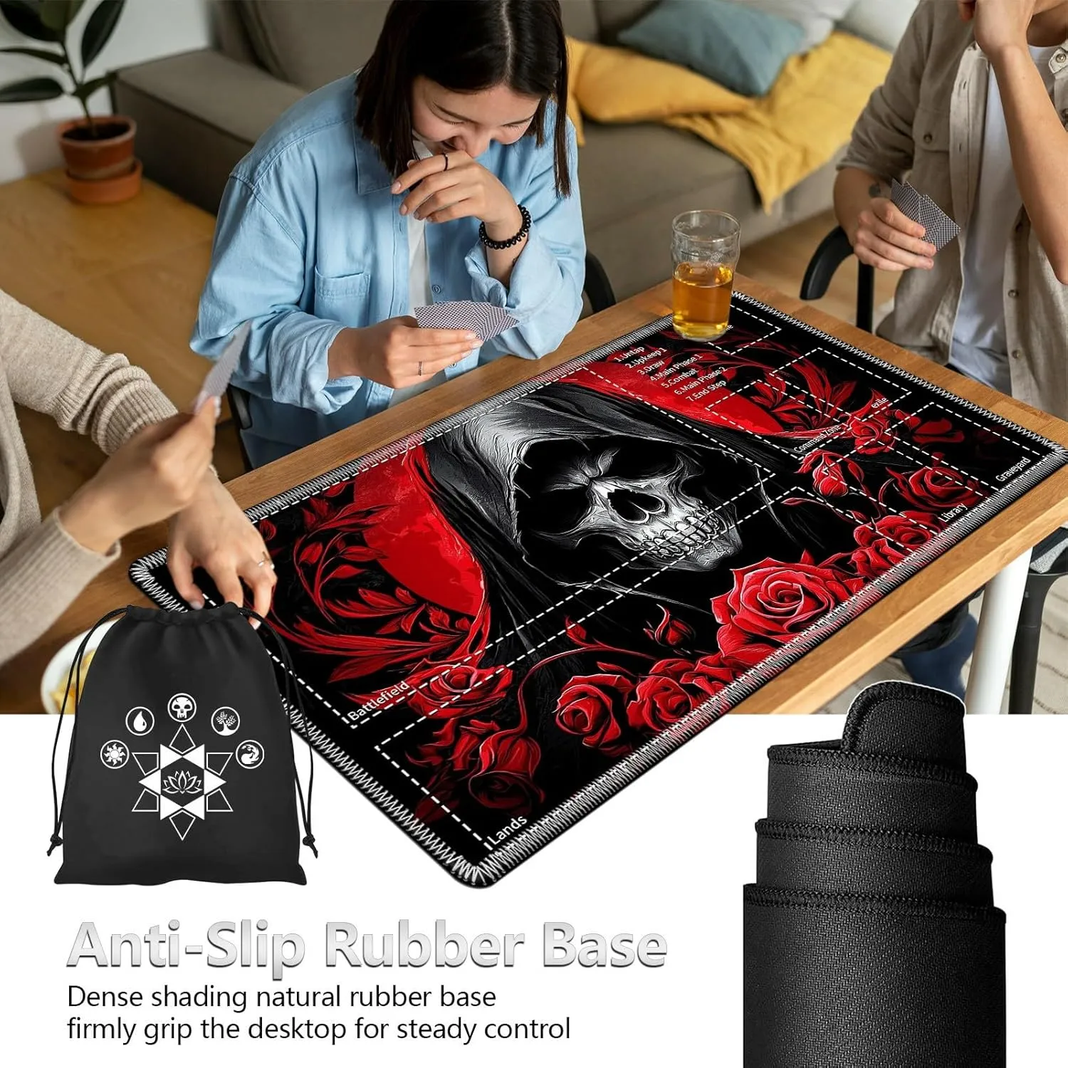 for MTG Cards Playmat with Card Storage Bag,Smooth Surface Non-Slip Rubber Base 24X14in,for Card Game Lovers MTG Play Mat,Skeleton Red Rose