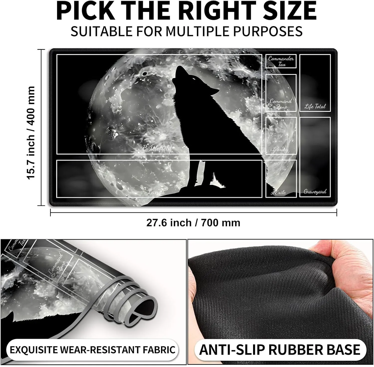 for MTG Playmat with Zones, Wolf Howling Moon Magic Playmat, 28x16 inch Stylish for TCG Card Game Play Mat, Non-Slip Rubber Sole with Playmat Storage Bag, Multipurpose Gaming Playmat