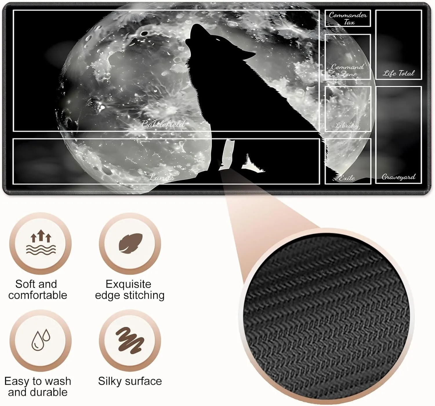 for MTG Playmat with Zones, Wolf Howling Moon Magic Playmat, 28x16 inch Stylish for TCG Card Game Play Mat, Non-Slip Rubber Sole with Playmat Storage Bag, Multipurpose Gaming Playmat