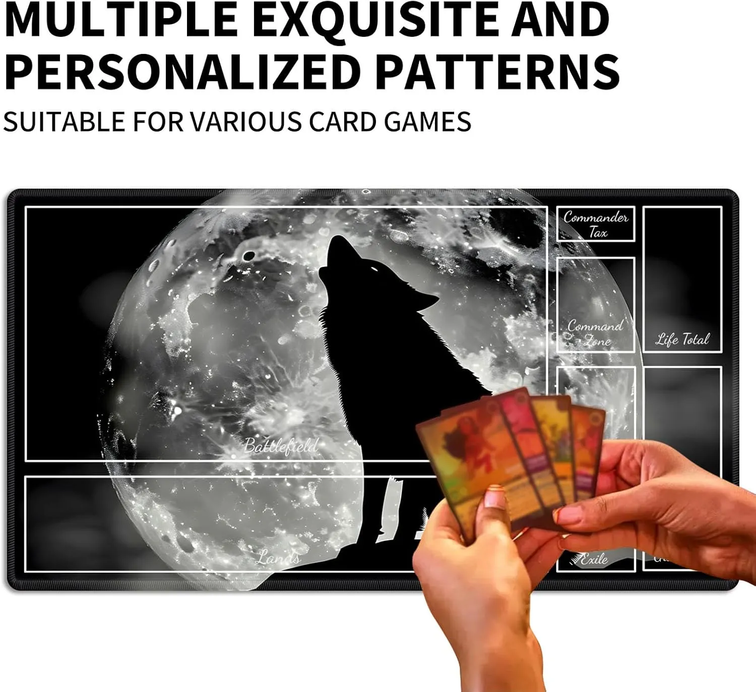 for MTG Playmat with Zones, Wolf Howling Moon Magic Playmat, 28x16 inch Stylish for TCG Card Game Play Mat, Non-Slip Rubber Sole with Playmat Storage Bag, Multipurpose Gaming Playmat