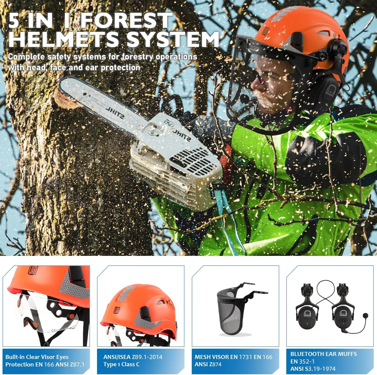 Forestry Safety Helmet with Built-in Visor, Mesh Face Shield, and Bluetooth Ear Muffs, 5 in 1 Arborist Helmet for Chainsaw, Logging, and Garden Work, ANSI Z89.1 Certified