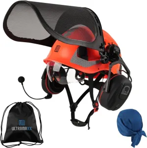 Forestry Safety Helmet with Built-in Visor, Mesh Face Shield, and Bluetooth Ear Muffs, 5 in 1 Arborist Helmet for Chainsaw, Logging, and Garden Work, ANSI Z89.1 Certified