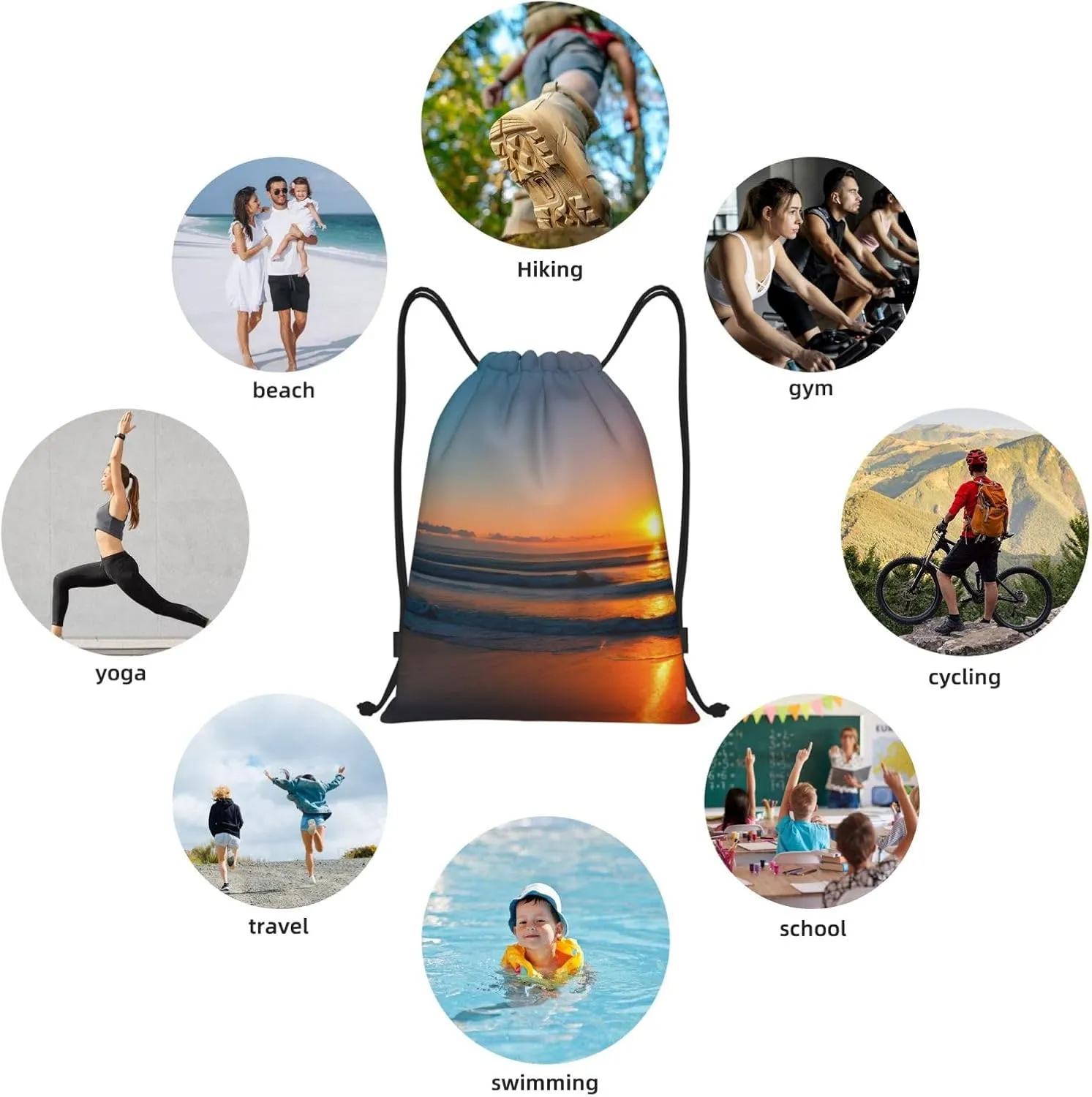 Funky Drawstring Bags Beautiful Sunrise Ocean print Sport Gym Sack for Fitness Yoga Travel Water-Resistant