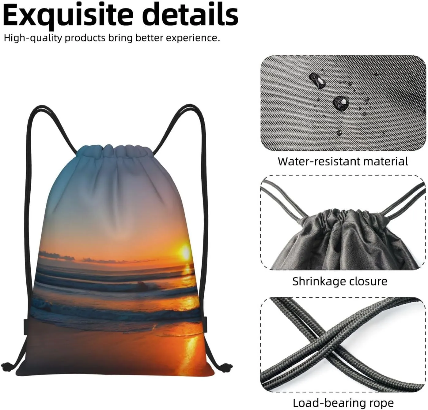Funky Drawstring Bags Beautiful Sunrise Ocean print Sport Gym Sack for Fitness Yoga Travel Water-Resistant