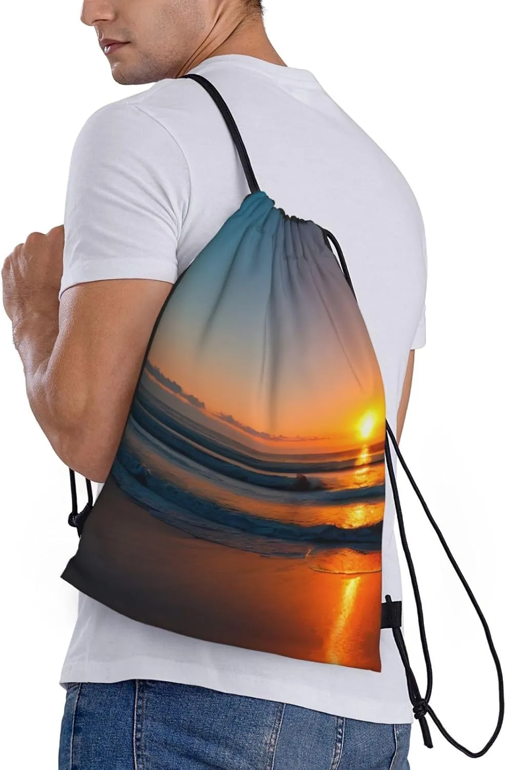 Funky Drawstring Bags Beautiful Sunrise Ocean print Sport Gym Sack for Fitness Yoga Travel Water-Resistant
