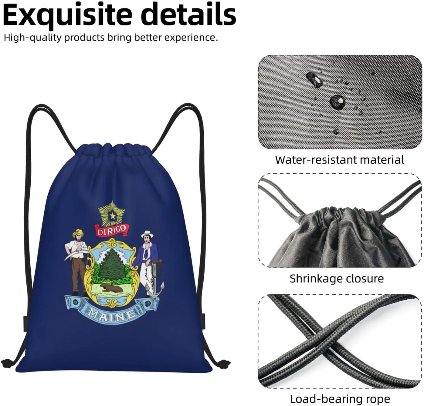 Funky Drawstring Bags Maine State Flag print Sport Gym Sack for Fitness Yoga Travel Water-Resistant