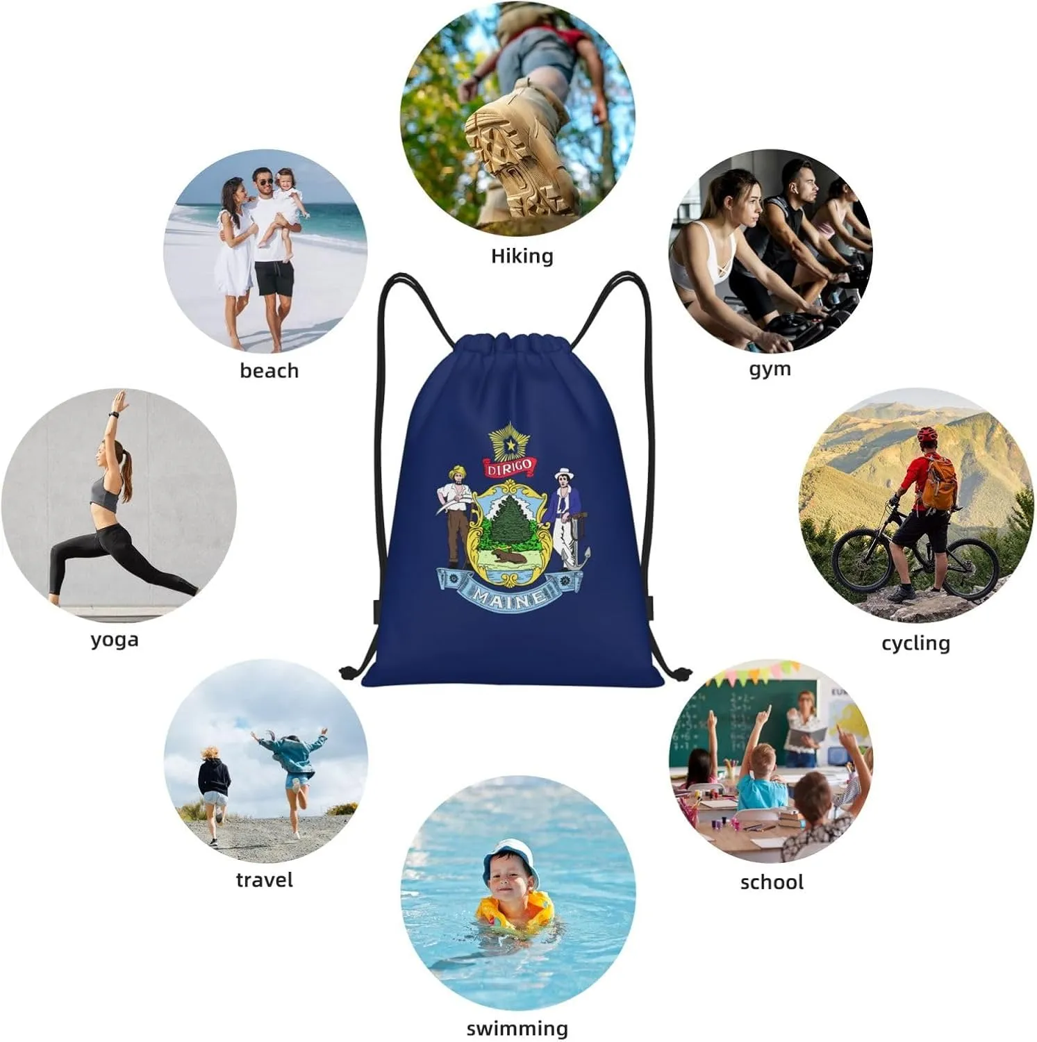 Funky Drawstring Bags Maine State Flag print Sport Gym Sack for Fitness Yoga Travel Water-Resistant