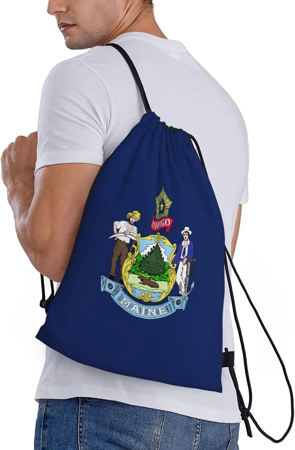Funky Drawstring Bags Maine State Flag print Sport Gym Sack for Fitness Yoga Travel Water-Resistant