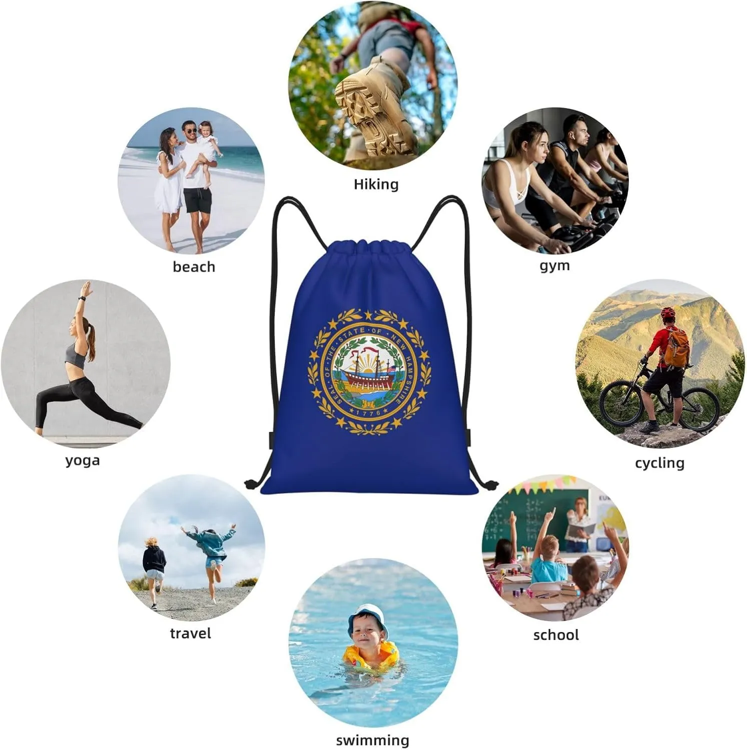 Funky Drawstring Bags New Hampshire state flag print Sport Gym Sack for Fitness Yoga Travel Water-Resistant