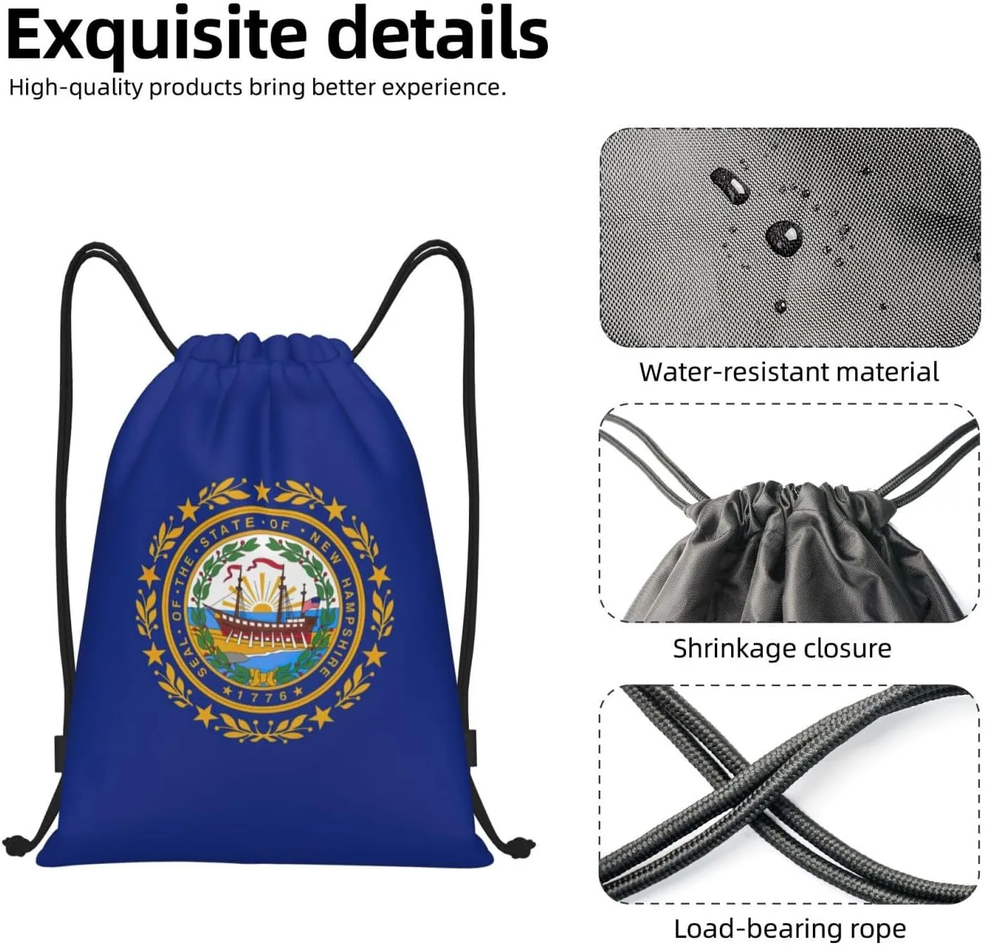 Funky Drawstring Bags New Hampshire state flag print Sport Gym Sack for Fitness Yoga Travel Water-Resistant