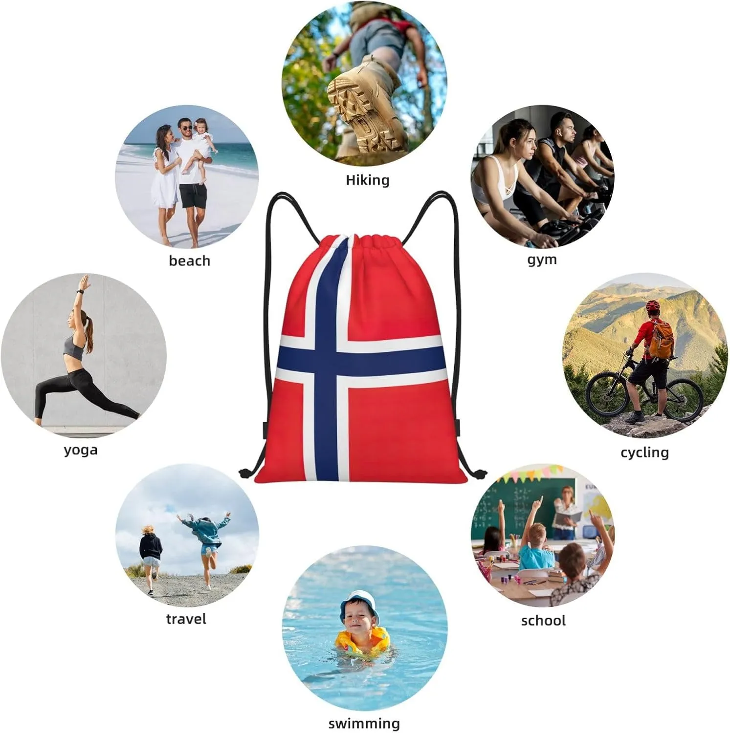 Funky Drawstring Bags Norwegian flag print Sport Gym Sack for Fitness Yoga Travel Water-Resistant