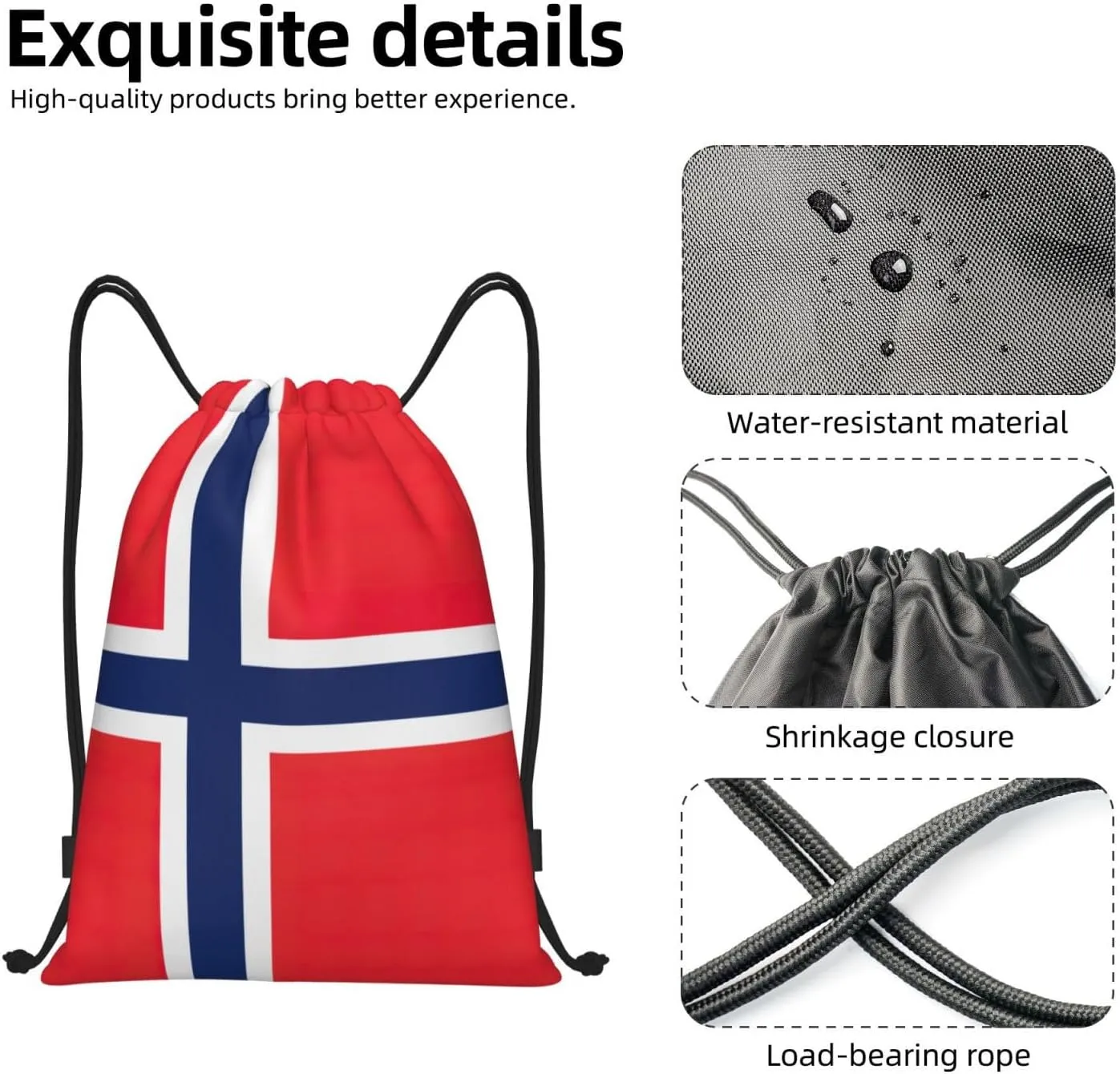 Funky Drawstring Bags Norwegian flag print Sport Gym Sack for Fitness Yoga Travel Water-Resistant