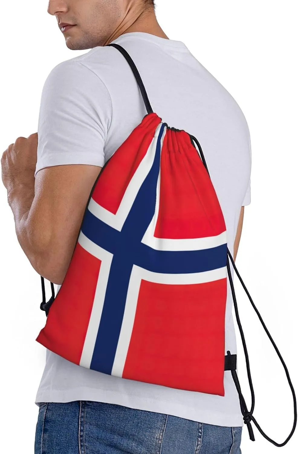 Funky Drawstring Bags Norwegian flag print Sport Gym Sack for Fitness Yoga Travel Water-Resistant