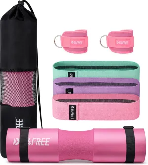 G4Free 9Pcs Barbell Pad Set for Squat, Hip Thrusts, Lunges, Leg day, Standard Olympic Bars with 2 Gym Ankle Safety Straps, 3 Hip Resistance Bands, 2 Lifting Strap, Barbell Pad, and Carry Bag
