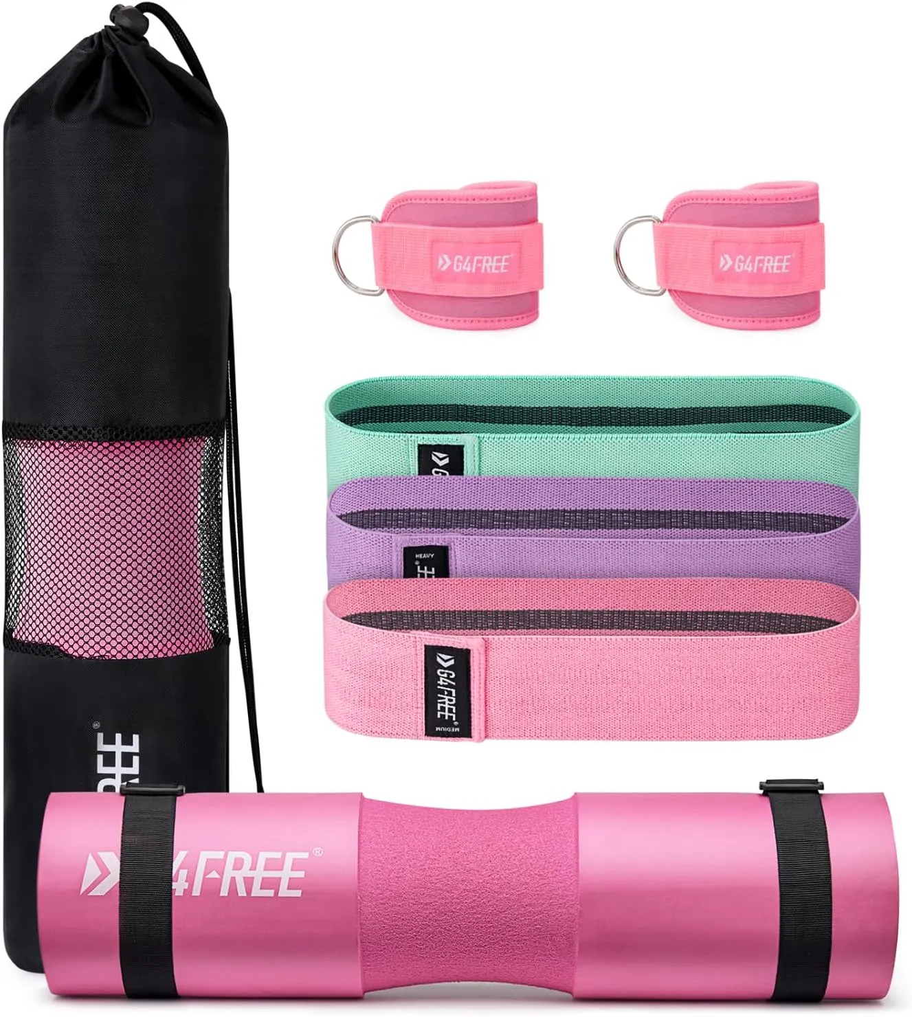 G4Free 9Pcs Barbell Pad Set for Squat, Hip Thrusts, Lunges, Leg day, Standard Olympic Bars with 2 Gym Ankle Safety Straps, 3 Hip Resistance Bands, 2 Lifting Strap, Barbell Pad, and Carry Bag