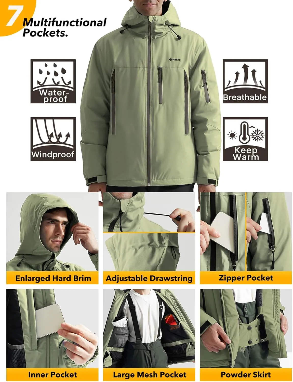 GEMYSE Men's Ski Jacket Warm Winter Snow Coat Waterproof Mountain Windbreaker Jacket for Snowboarding Hiking