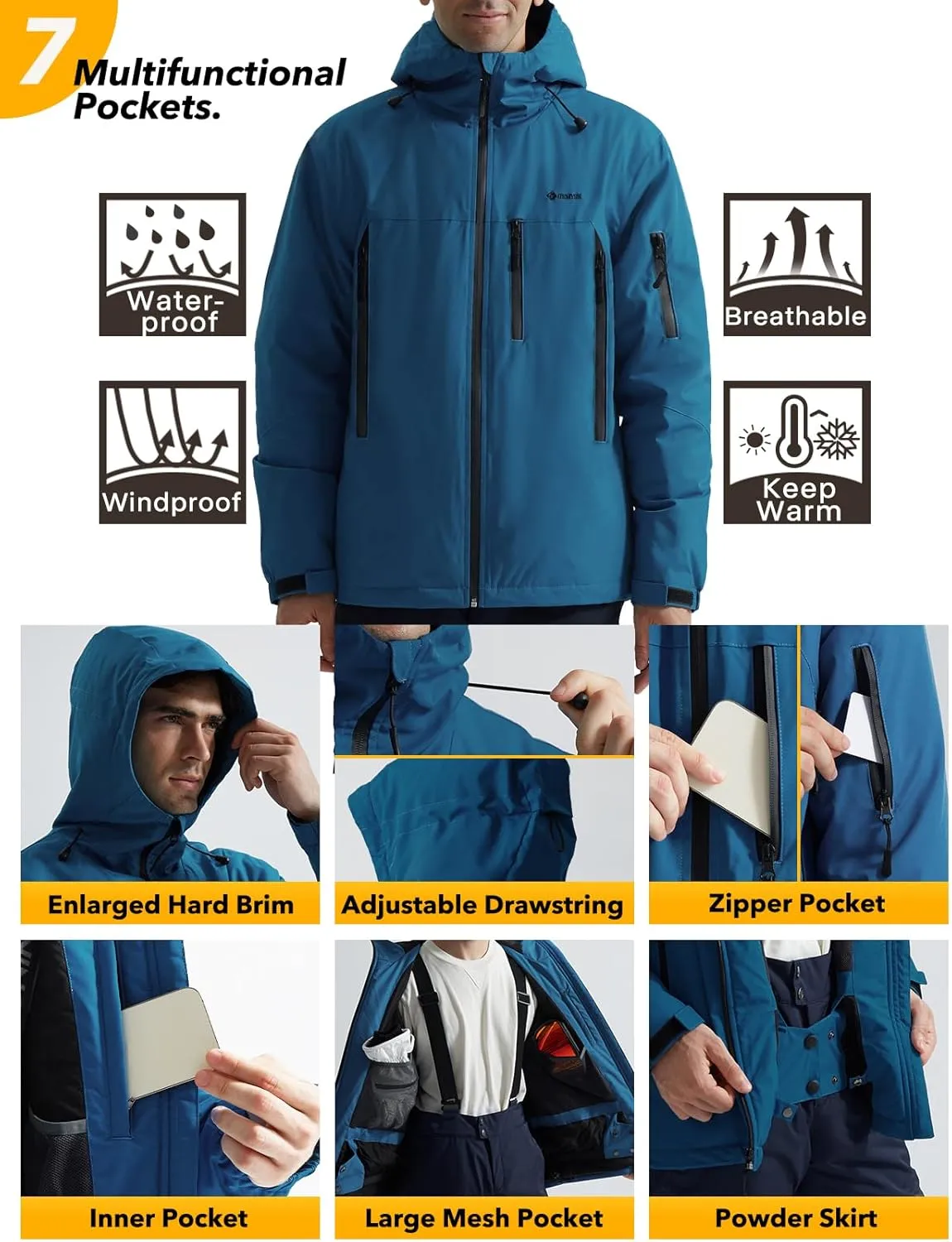 GEMYSE Men's Ski Jacket Warm Winter Snow Coat Waterproof Mountain Windbreaker Jacket for Snowboarding Hiking