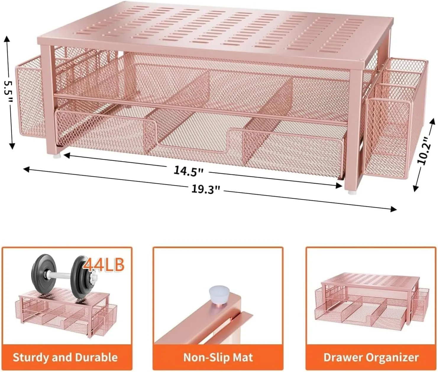 gianotter Desk Computer Monitor Stand Riser with Drawer and 2 Pen Holder, Desk Organizers for Wome,Home Office Essentials (Rose Gold)