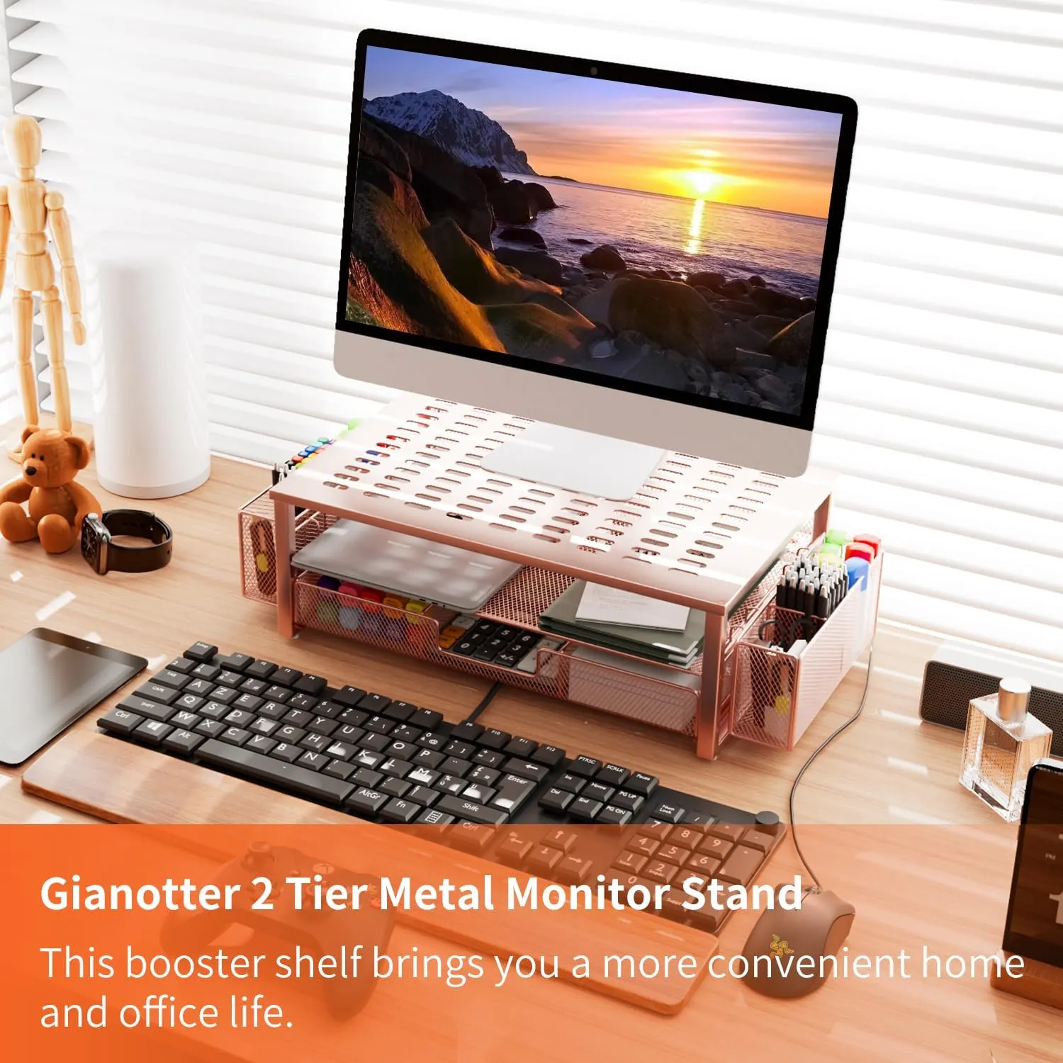 gianotter Desk Computer Monitor Stand Riser with Drawer and 2 Pen Holder, Desk Organizers for Wome,Home Office Essentials (Rose Gold)