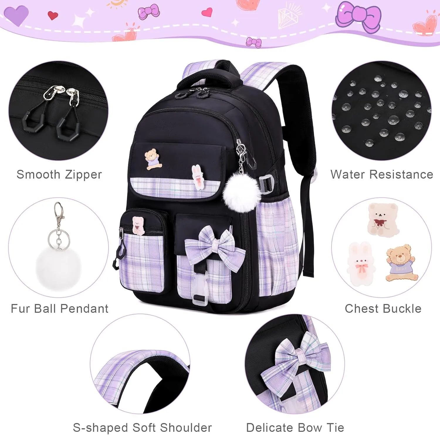 Girls Backpack - 3PCS Cute School Backpacks for Kindergarten to Middle School Kids with Lunch Box & Pencil Case Set (Black, Purple)