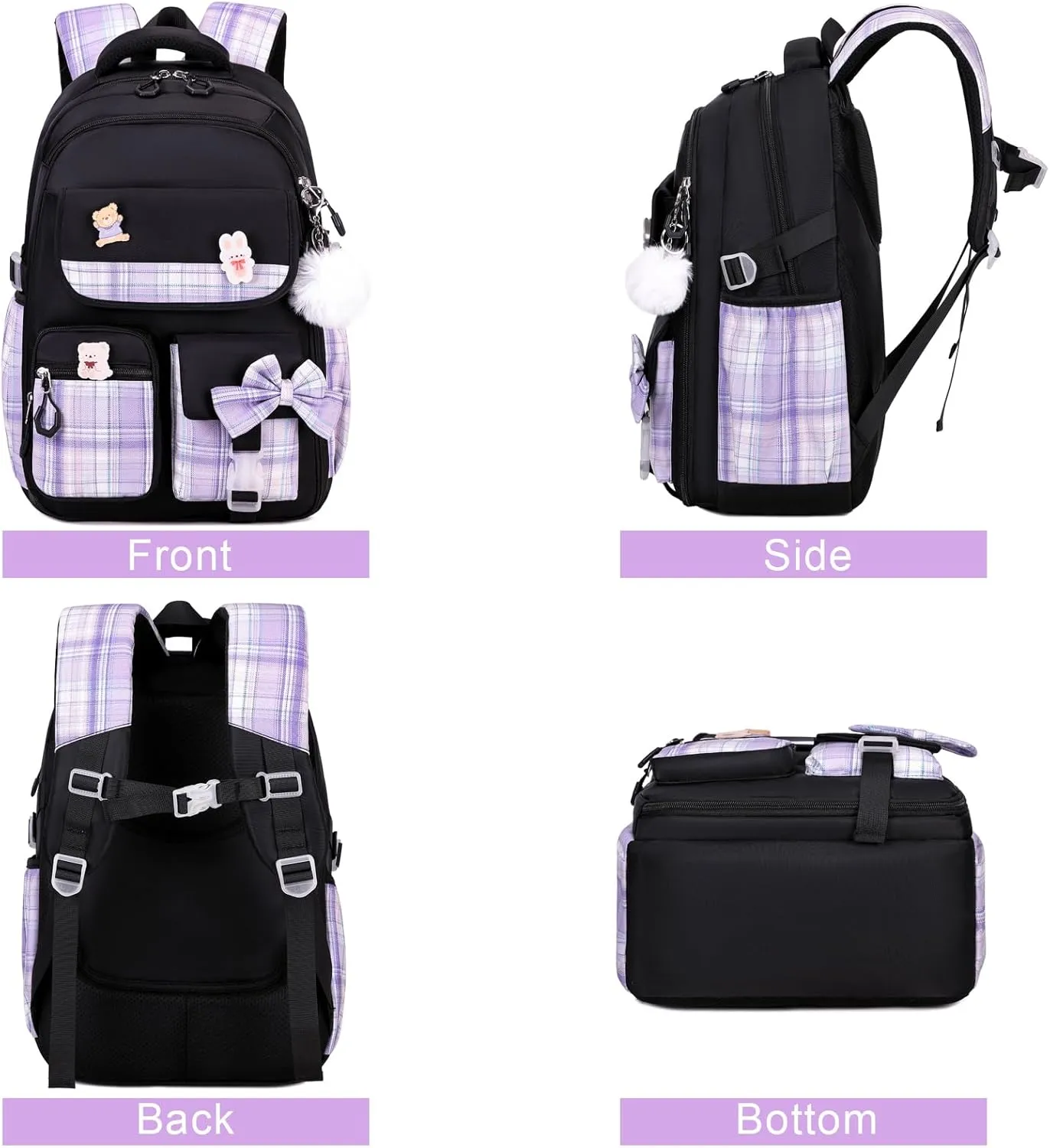 Girls Backpack - 3PCS Cute School Backpacks for Kindergarten to Middle School Kids with Lunch Box & Pencil Case Set (Black, Purple)