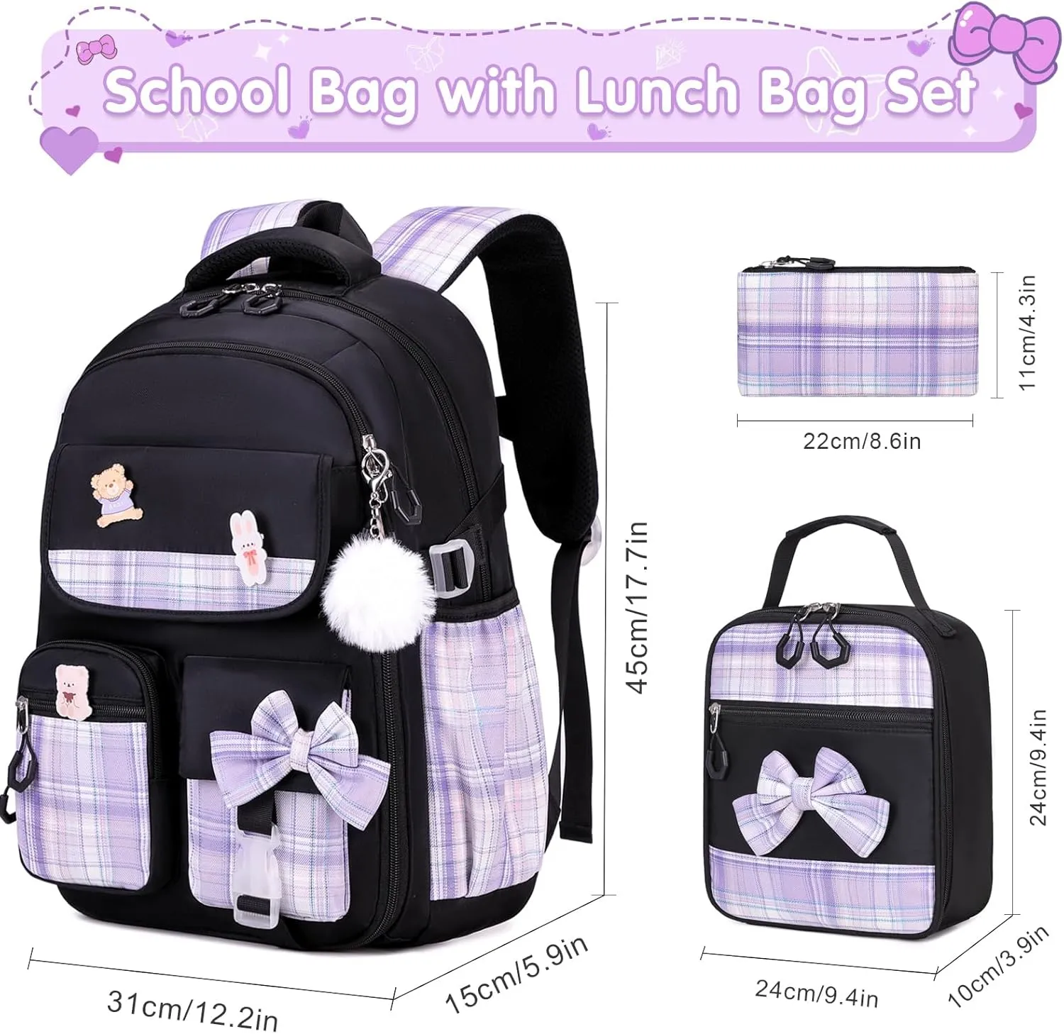 Girls Backpack - 3PCS Cute School Backpacks for Kindergarten to Middle School Kids with Lunch Box & Pencil Case Set (Black, Purple)