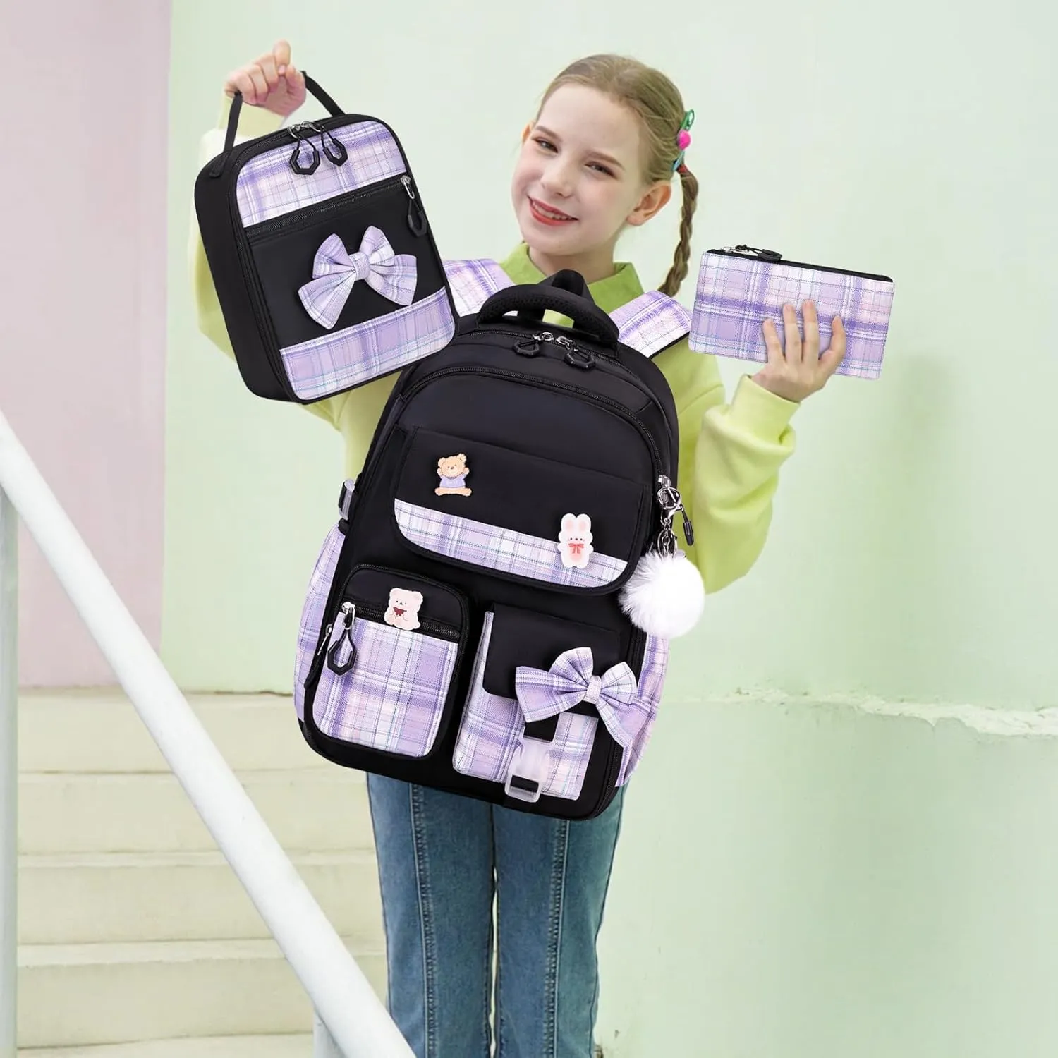 Girls Backpack - 3PCS Cute School Backpacks for Kindergarten to Middle School Kids with Lunch Box & Pencil Case Set (Black, Purple)