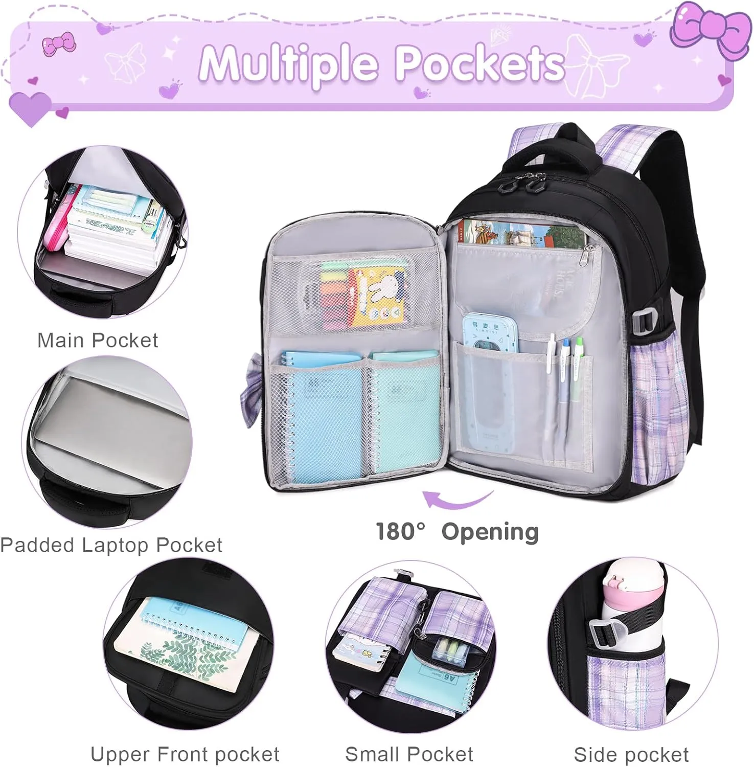 Girls Backpack - 3PCS Cute School Backpacks for Kindergarten to Middle School Kids with Lunch Box & Pencil Case Set (Black, Purple)