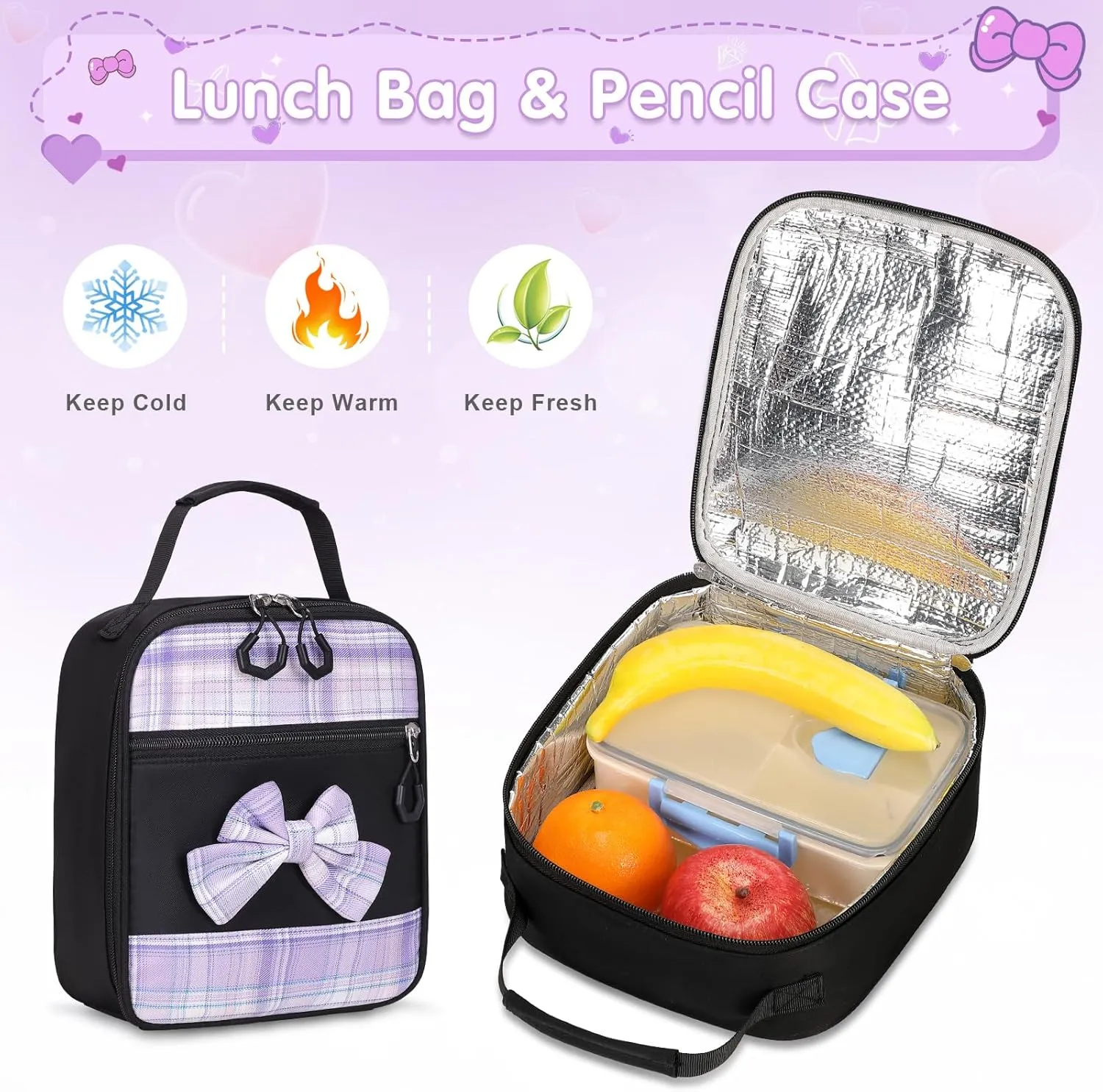 Girls Backpack - 3PCS Cute School Backpacks for Kindergarten to Middle School Kids with Lunch Box & Pencil Case Set (Black, Purple)