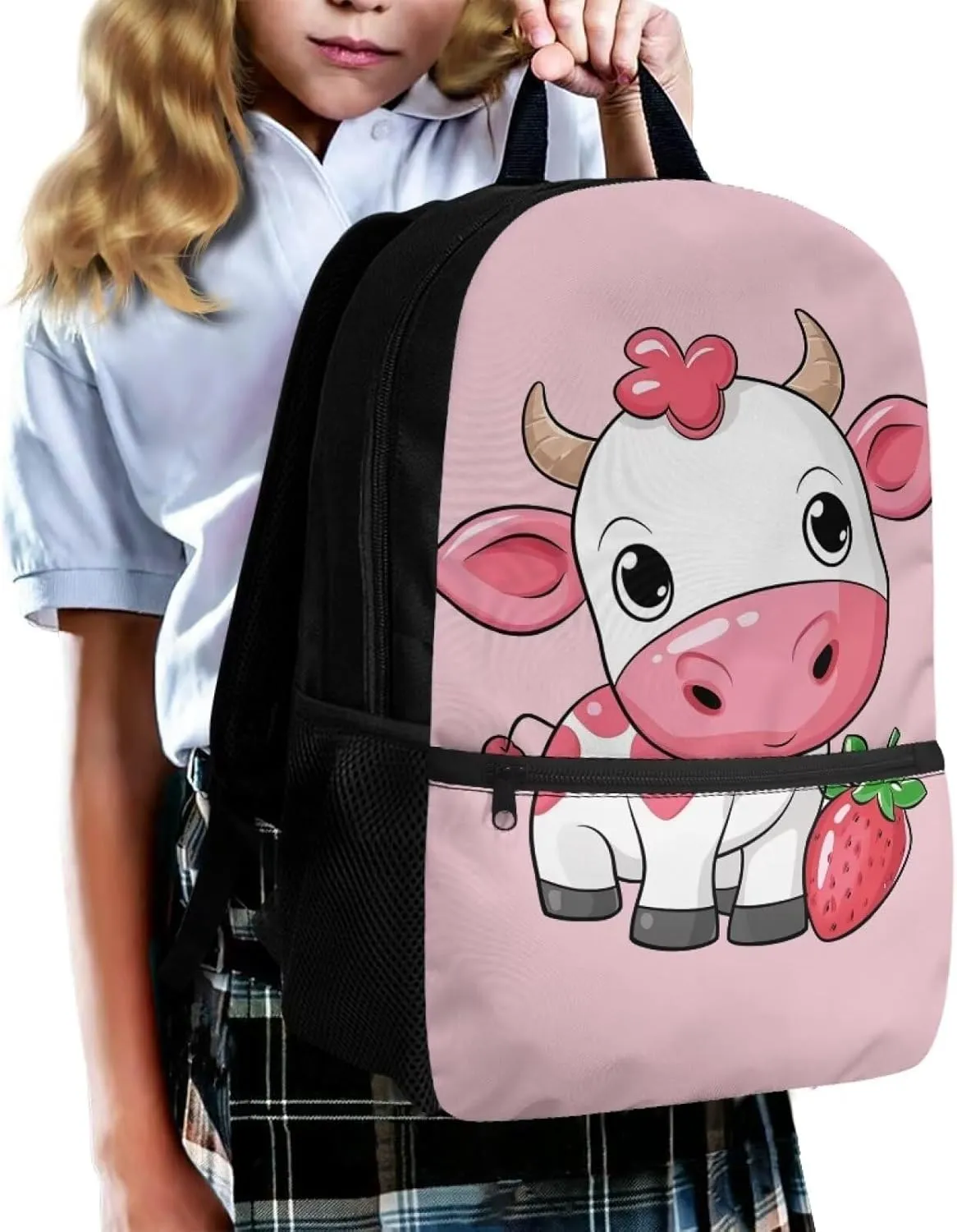 Girls Backpacks Strawberries Cow Baby Kids Book Bags for 4Th 5Th Child Cute School Bags for Preschool Children Boys Bookbags with Side Bottle Pockets Boys Daypack