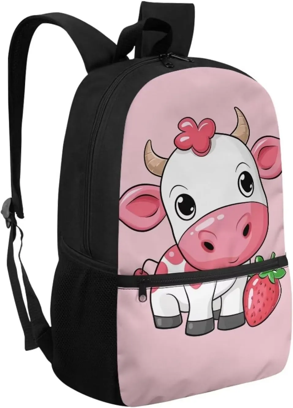 Girls Backpacks Strawberries Cow Baby Kids Book Bags for 4Th 5Th Child Cute School Bags for Preschool Children Boys Bookbags with Side Bottle Pockets Boys Daypack