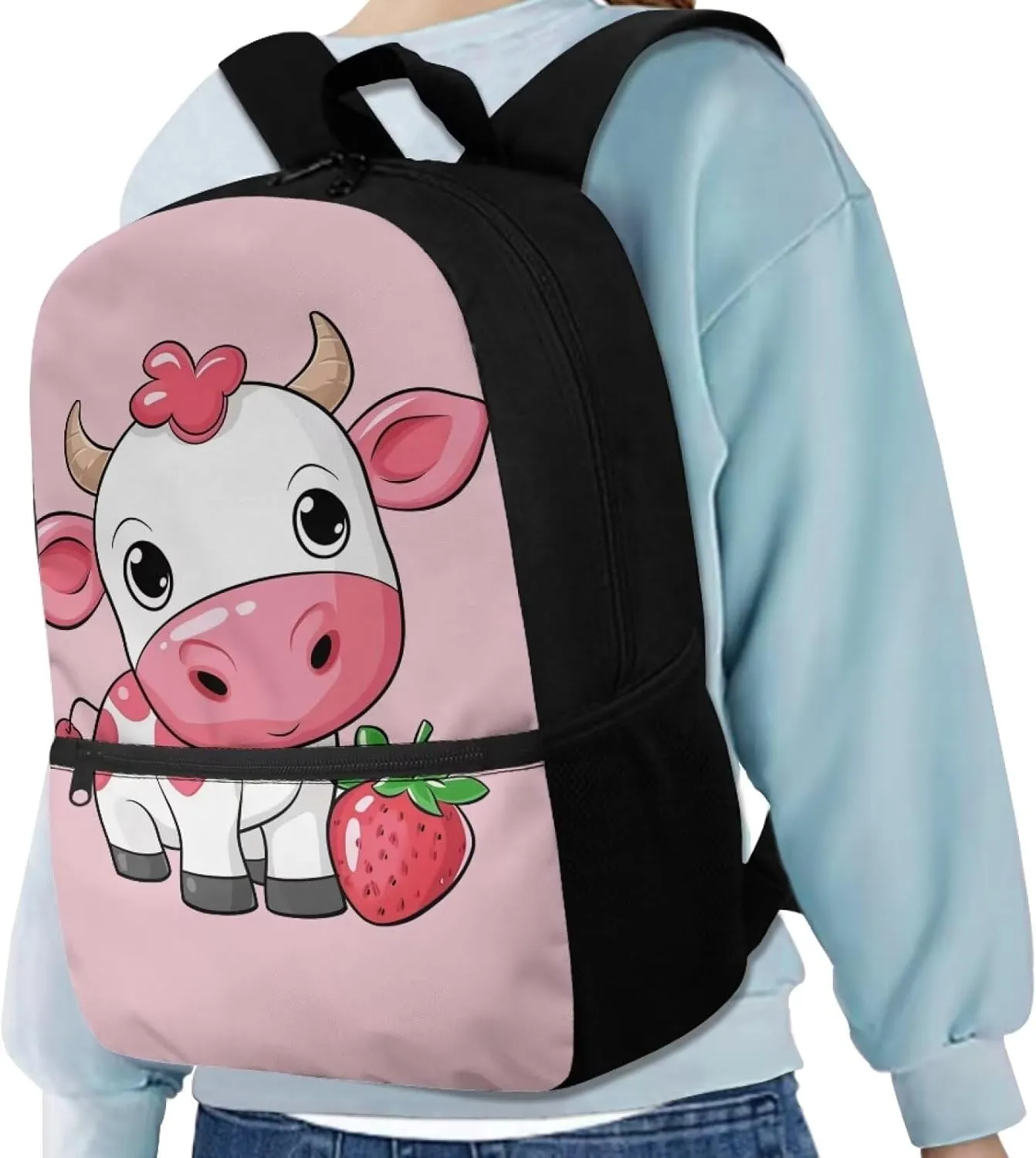 Girls Backpacks Strawberries Cow Baby Kids Book Bags for 4Th 5Th Child Cute School Bags for Preschool Children Boys Bookbags with Side Bottle Pockets Boys Daypack