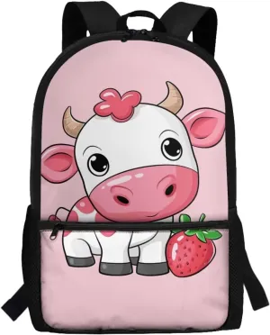 Girls Backpacks Strawberries Cow Baby Kids Book Bags for 4Th 5Th Child Cute School Bags for Preschool Children Boys Bookbags with Side Bottle Pockets Boys Daypack