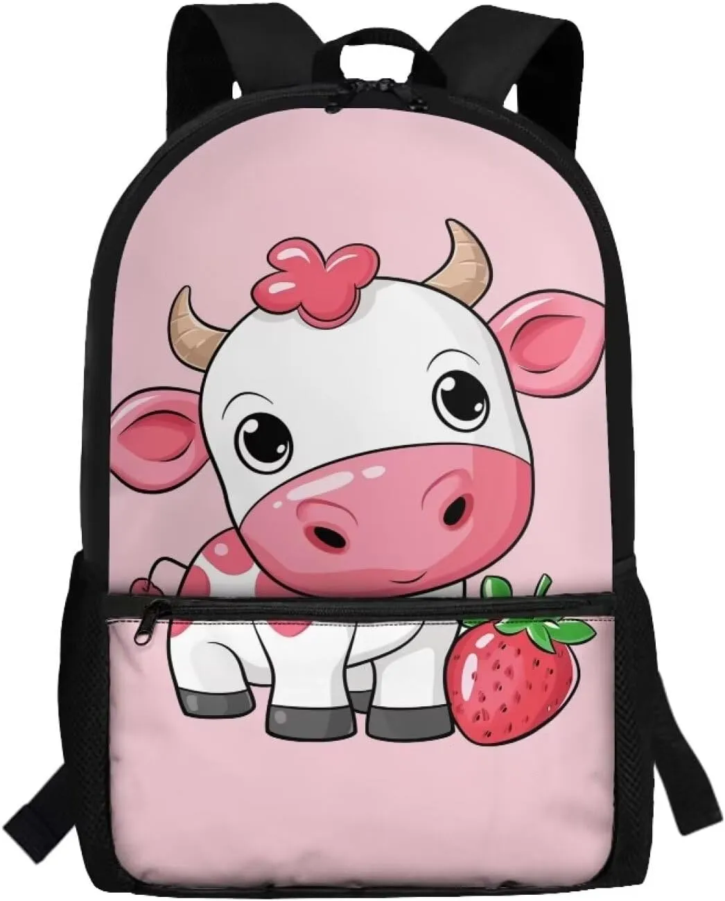 Girls Backpacks Strawberries Cow Baby Kids Book Bags for 4Th 5Th Child Cute School Bags for Preschool Children Boys Bookbags with Side Bottle Pockets Boys Daypack
