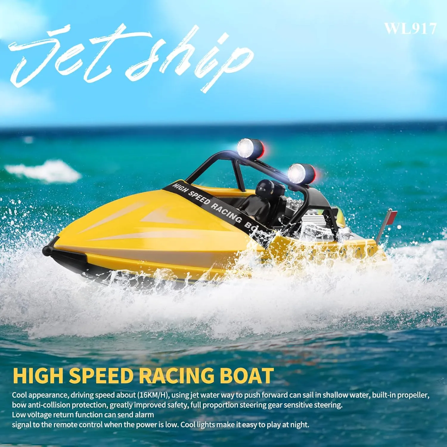 GoolRC RC Jet Boat, WLtoys WL917 16km/h High Speed Remote Control Boat, 2.4Ghz RC Jet Toys Storage Bag Led Lights Low Battery Warning Gift for Kids Adults