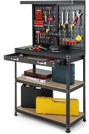 Goplus Workbench, Work Table with Drawer, Pegboard, Hanging Accessories, Topping Space, 4-Tier Heavy Duty Metal Tool Storage Bench, Work Benches for Garage, Workshop (Red, 32" x 16" with Drawer)