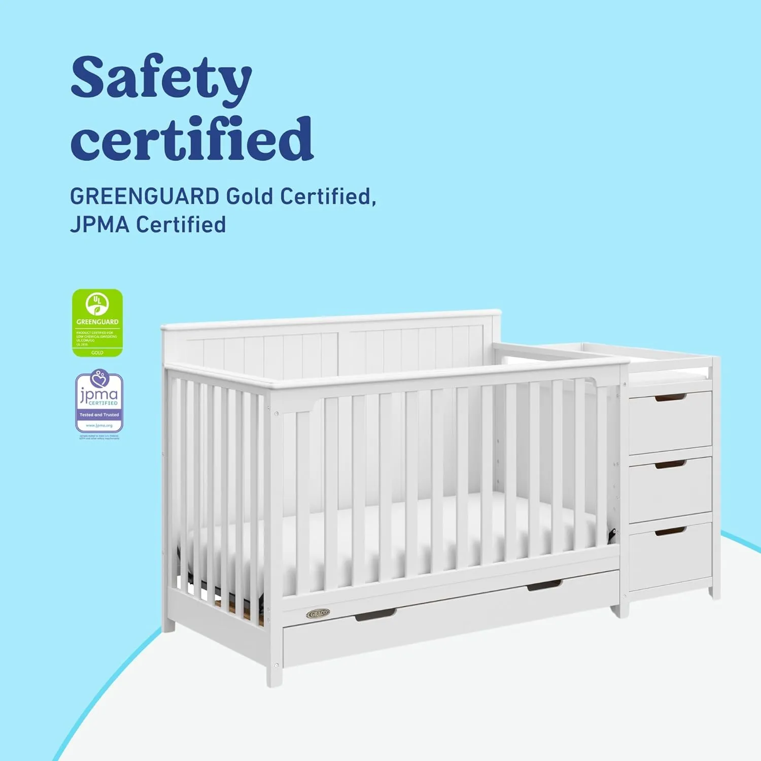 Graco Hadley 5-in-1 Convertible Crib and Changer with Drawer (White) – GREENGUARD Gold Certified, Crib and Changing -Table Combo with Drawer, Includes Baby Changing Pad, Converts to Full-Size Bed