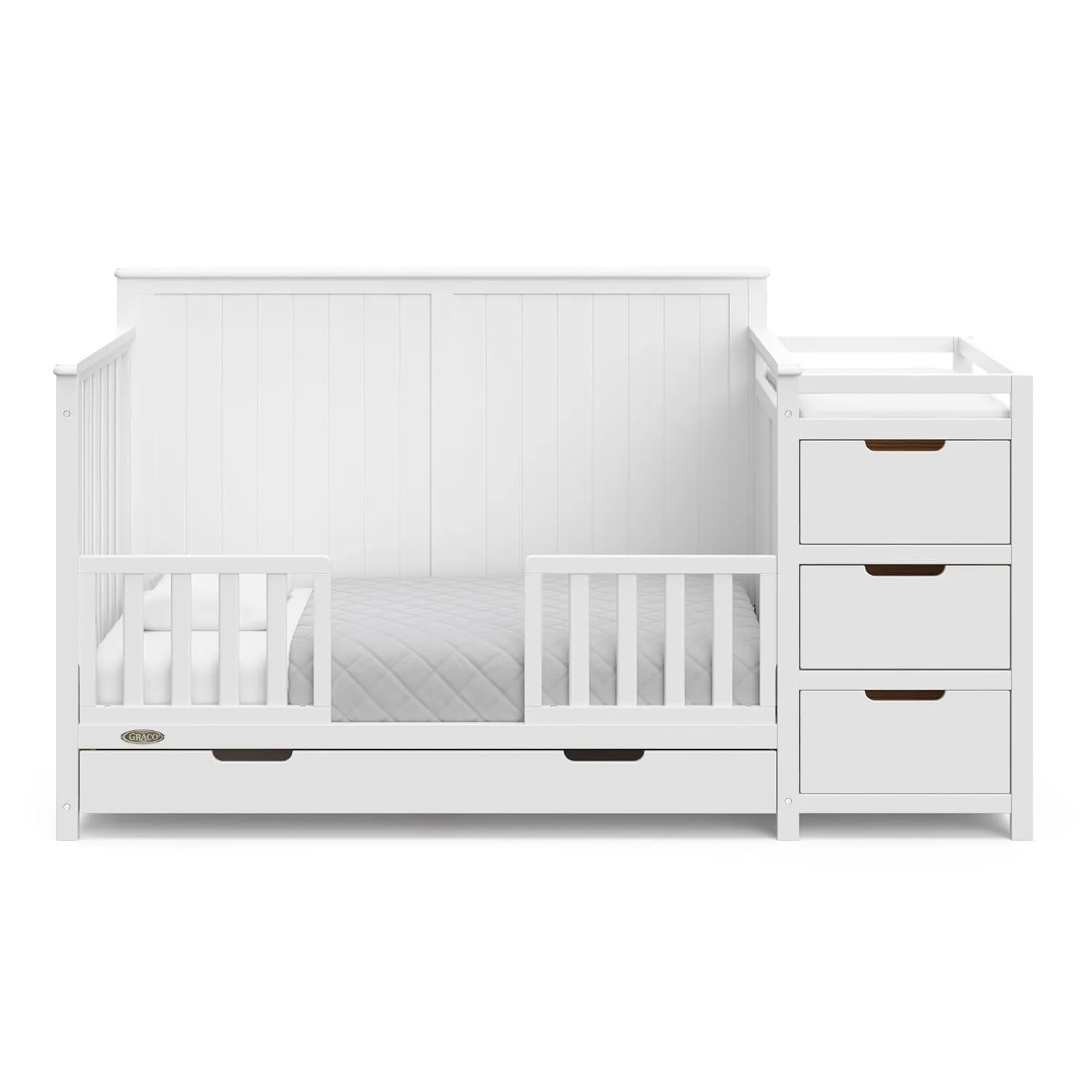 Graco Hadley 5-in-1 Convertible Crib and Changer with Drawer (White) – GREENGUARD Gold Certified, Crib and Changing -Table Combo with Drawer, Includes Baby Changing Pad, Converts to Full-Size Bed