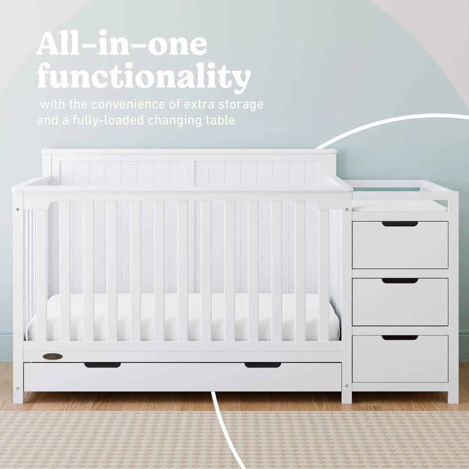 Graco Hadley 5-in-1 Convertible Crib and Changer with Drawer (White) – GREENGUARD Gold Certified, Crib and Changing -Table Combo with Drawer, Includes Baby Changing Pad, Converts to Full-Size Bed
